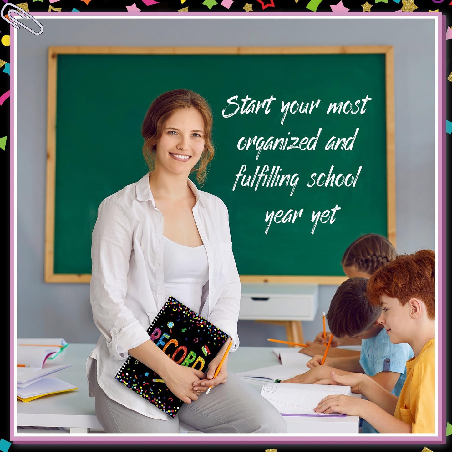 Fuyoooo Teacher Record Book Teacher Grade Books 2026-2027 Spiral Bound Record Planner 2026 Class Grade Book Office Favors for Classroom Attendance Decoration Double Sided(Black, Confetti)