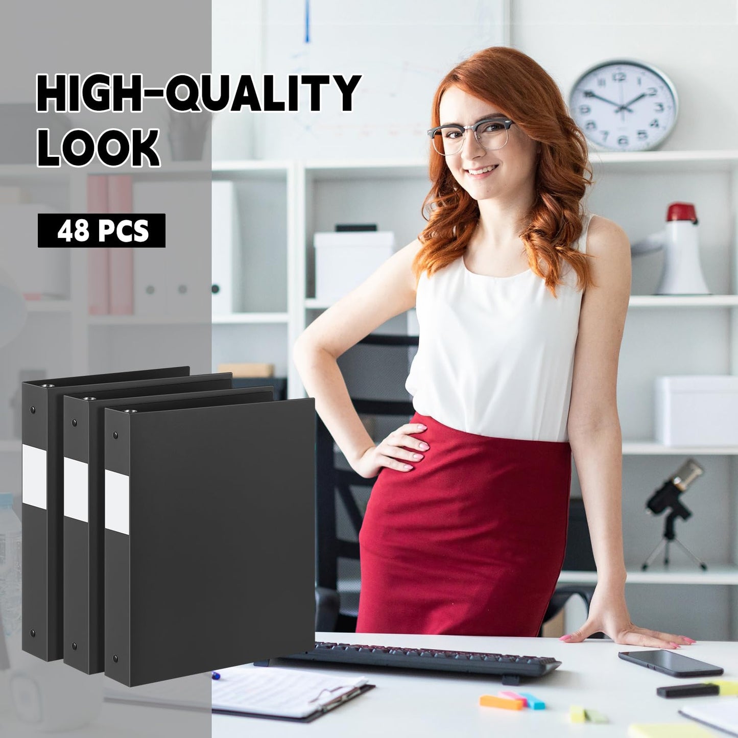 Henoyso 48 Pack 1 Inch 3 Ring Plastic Binders, Bulk Flexible PP Binders for Classroom & School Supplies, Letter Size 8.5 x 11, Holds 240 Sheets with Interior Pocket (Black)