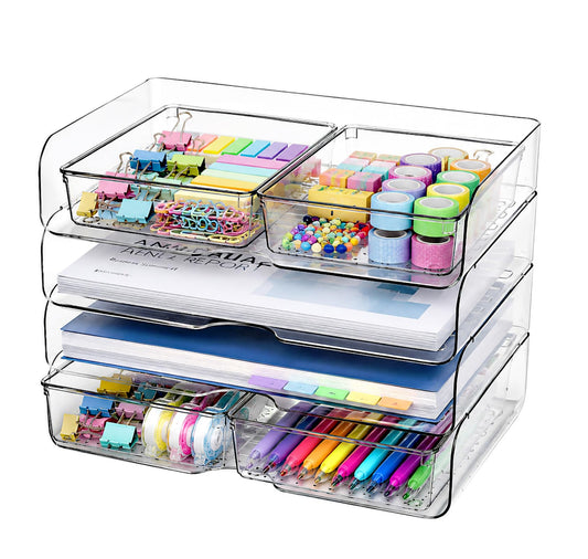 DCA 4 Tier Acrylic Desk Organizer with 4 Storage Bins, Clear Paper Tray Organizer for Letter Size Files, Office Desk Organization System for Documents, School Supplies & Accessories
