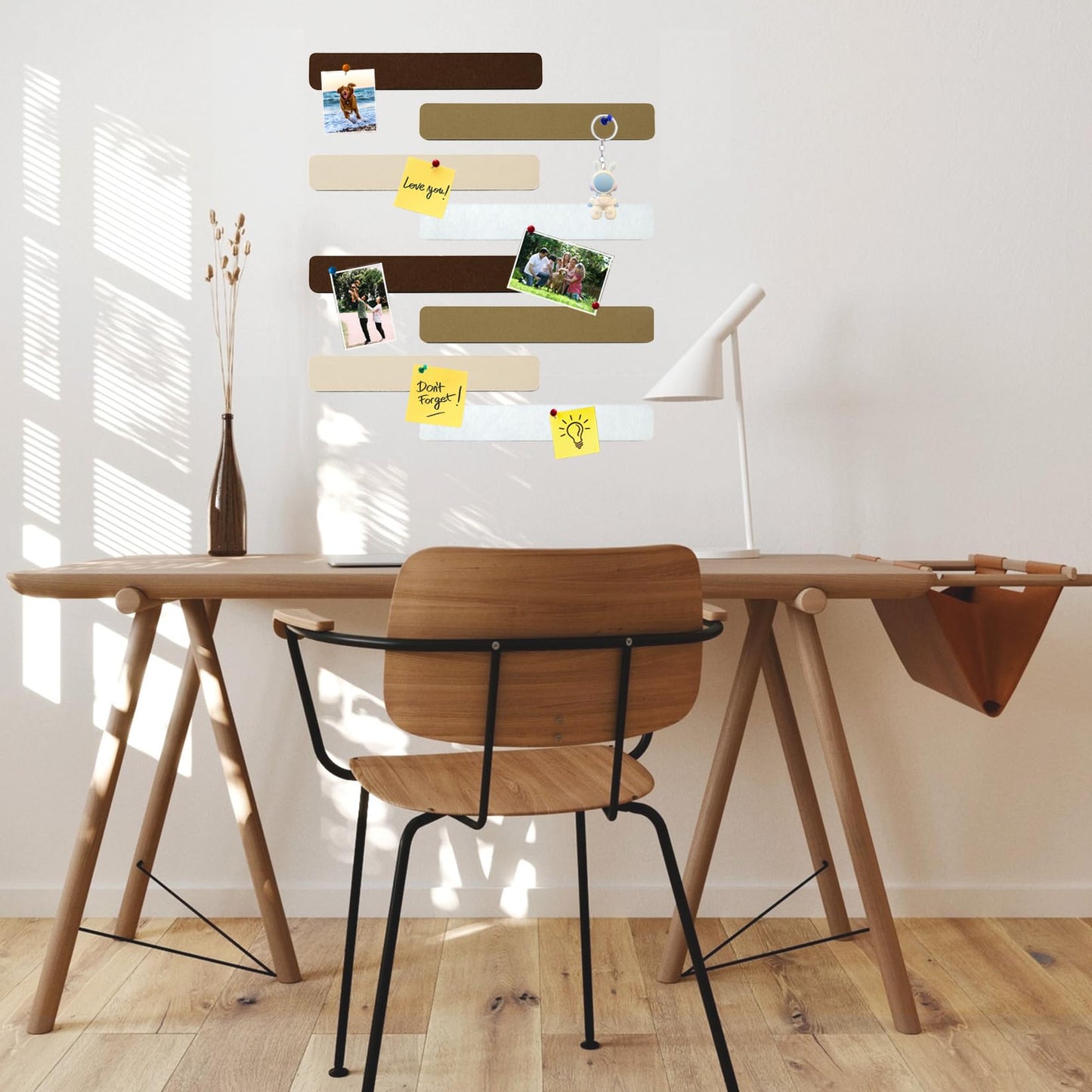 HULAVO 8Pcs Rectangle Felt Cork Board Bar Strips with 35 Pushpins, Self-Adhesive Bulletin Board Strips for Office School Home Wall Decor Stickers Memos Schedules Photos Display -Gradual Brown