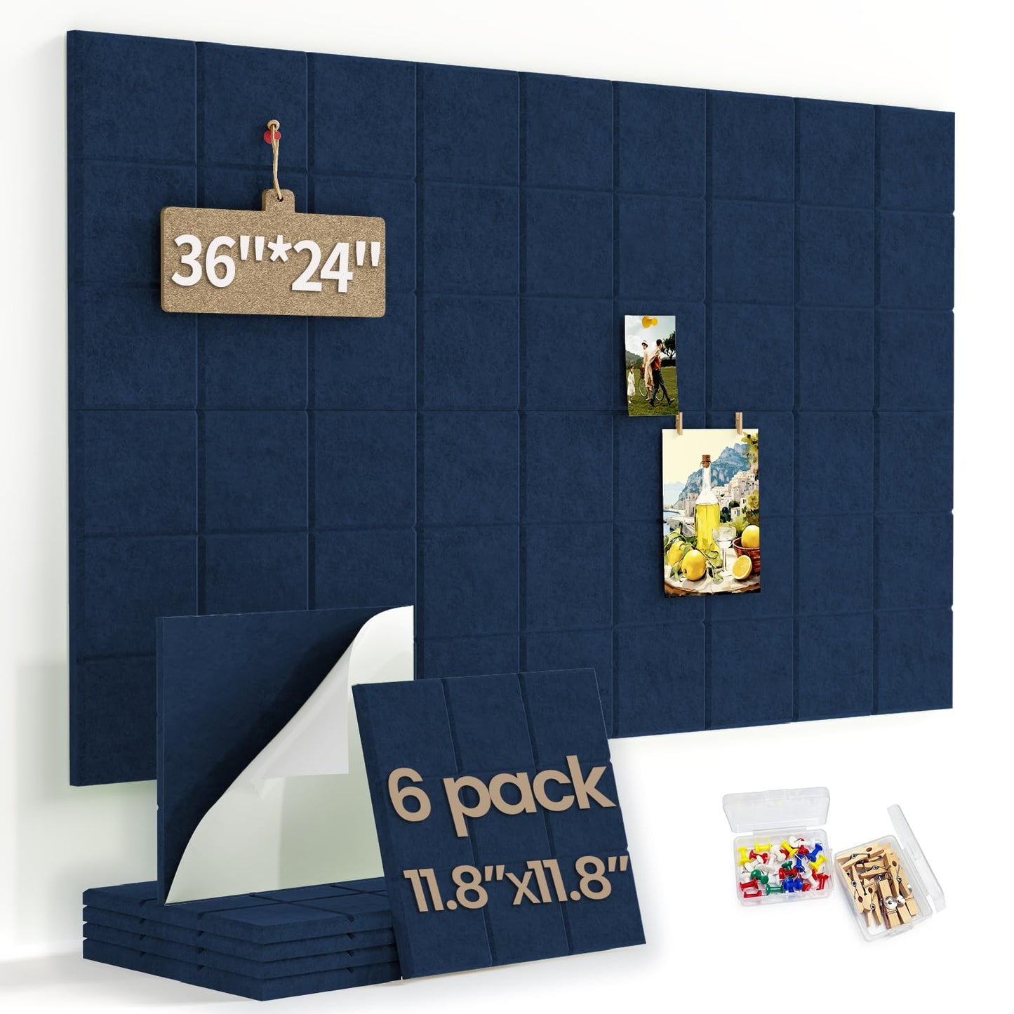 Large Felt Bulletin Board for Walls: 6-Pack Black Cork Board Alternative 11.8x11.8 Inch Peel and Stick Pin Board Wall Decor for Home Organization, Office Memo Board, Self-Adhesive Wall Tiles