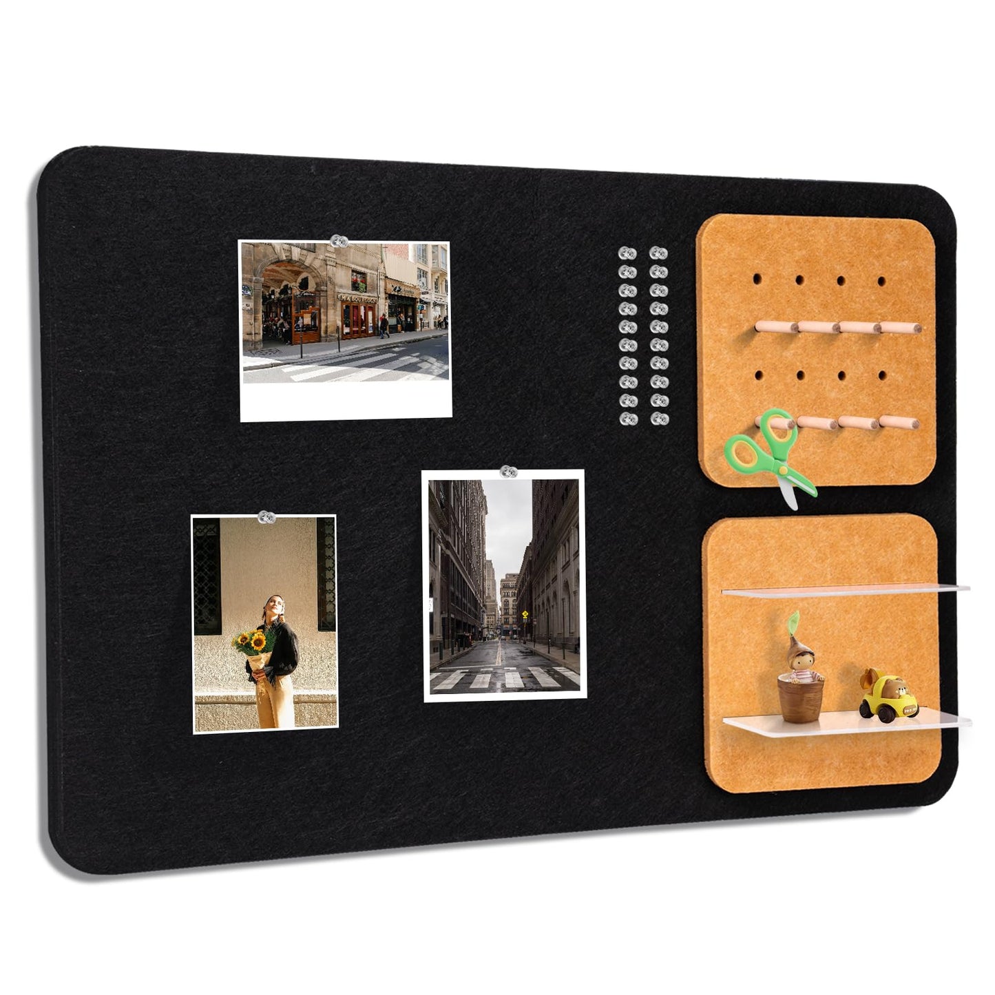 Wall Organizer Bulletin Board with Shelves and Key Holder, 2-in-1 Felt Pin Board for Photos, Notes, Keys and Small Accessories, Memo Board for Home Office Dorm, Black/Tan, 15.7"x23.6"