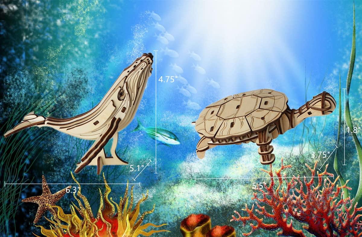 3D Wooden Sea Animal Puzzle - 6 Piece Set Wood Sea Animals Skeleton Assembly Model Kits - Wooden Crafts DIY Brain Teaser Puzzle - STEM Toys Gifts for Adults & Teens Birthday Gifts Christmas