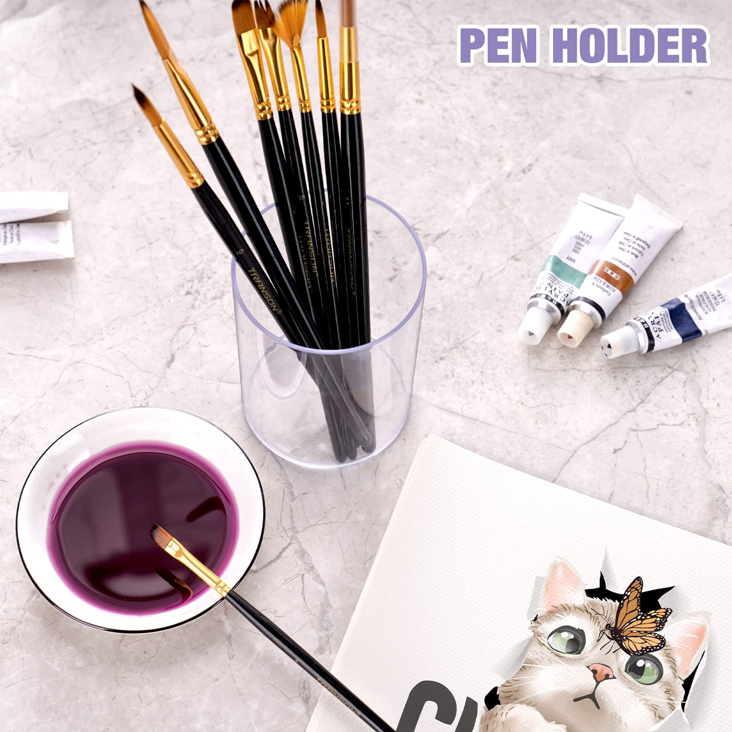 NiOffice Clear Acrylic Desk Organizer Set - 9 Pack Pen Pencil Holder, Stylish Round Makeup Brush and Stationery Storage Container, Ideal for Home, School and Office Supplies