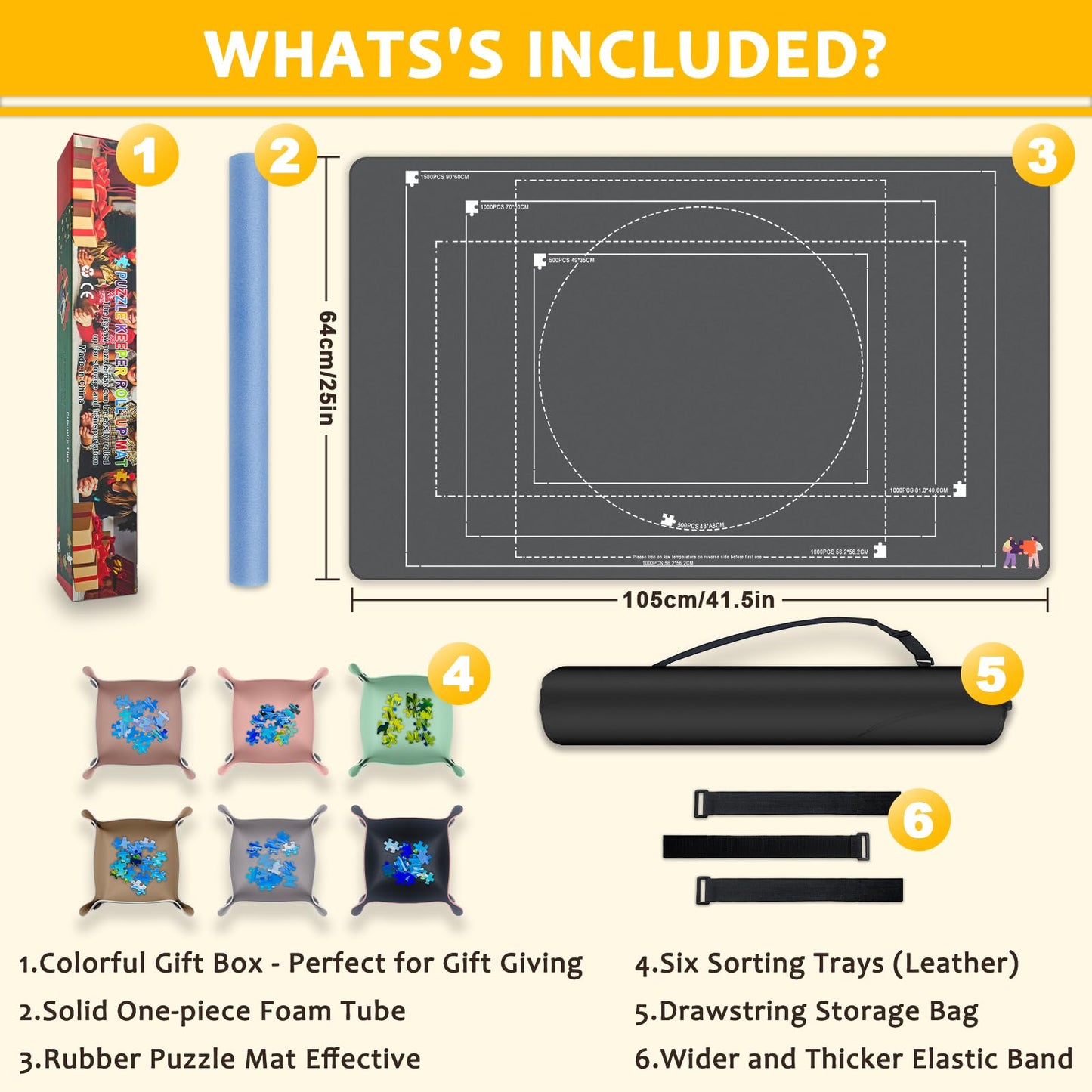 GOECI Puzzle Mat Roll Up with 6 Leather Sorting Trays - 42" x 25" Large Jigsaw Puzzle Saver Mat,Portable Puzzle Keeper for Up to 1500 Pieces,Includes Storage Bag & Foam Tube for Adults