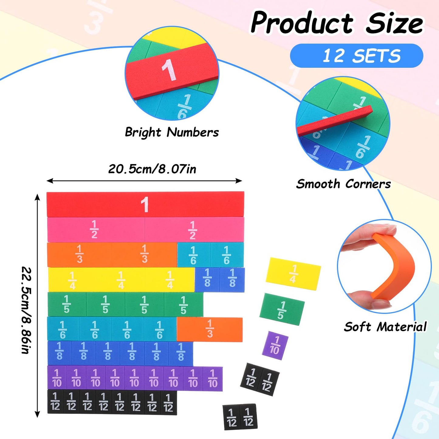 12 Sets Rainbow Fraction Tiles Set, Plastic Fractions Manipulatives Math Magnetic Manipulatives for The Home Curriculum