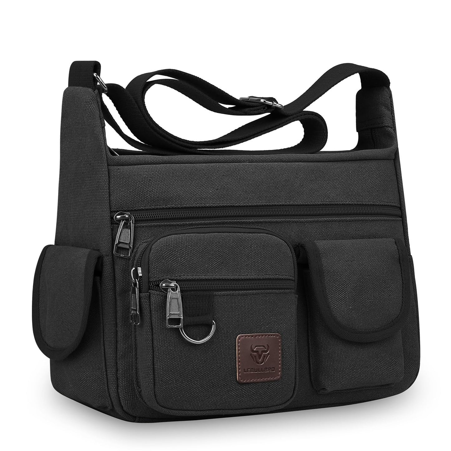 LEBULLBRO Canvas Shoulder Bag for Mens Multi-pockets 13 inch Laptop Messenger Bag Sling Bags School Crossbody Bags Travel (Black)