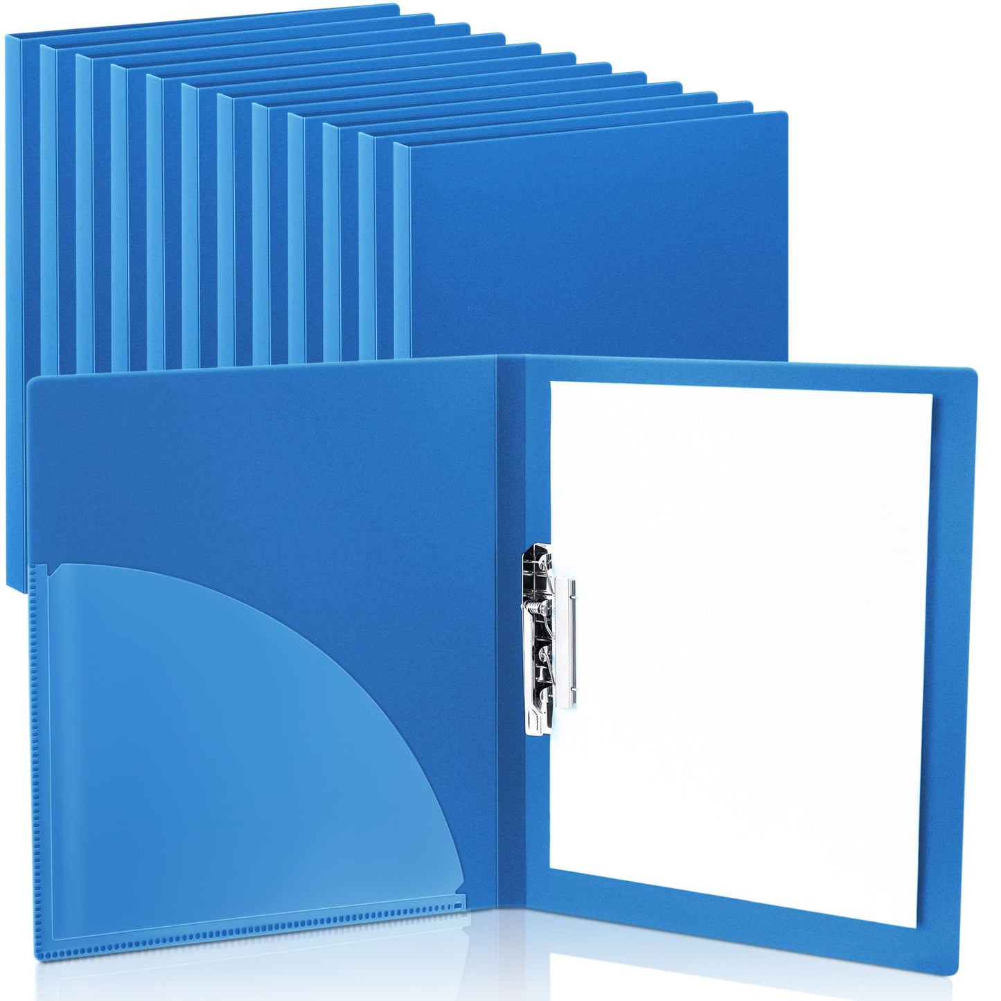 Teling 12 Pack Punchless Clamp Binder Folder 8.5 x 11 Inch Ringless Binder Holds with Pocket, Flexible Metal Clip and Poly Covers, 100 Letter Size Pages, for Work, School(Blue)