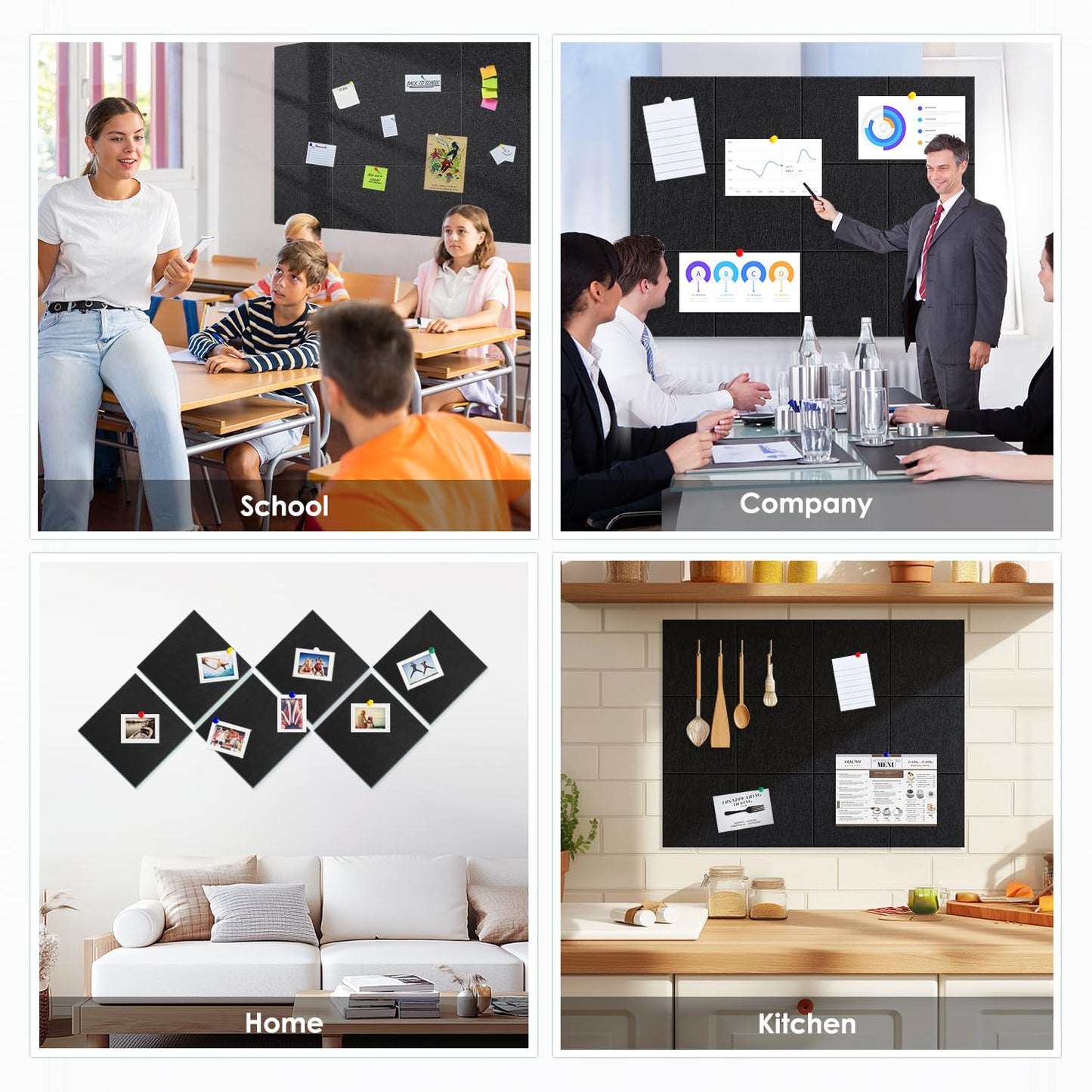 Large Felt Bulletin Board 48" x 36", Cork Board Alternative, 12 Pack Felt Wall Tiles with Push Pins and Adhesive Tabs, Cork Boards for Walls Pin Board for Office & HomePanels, Black