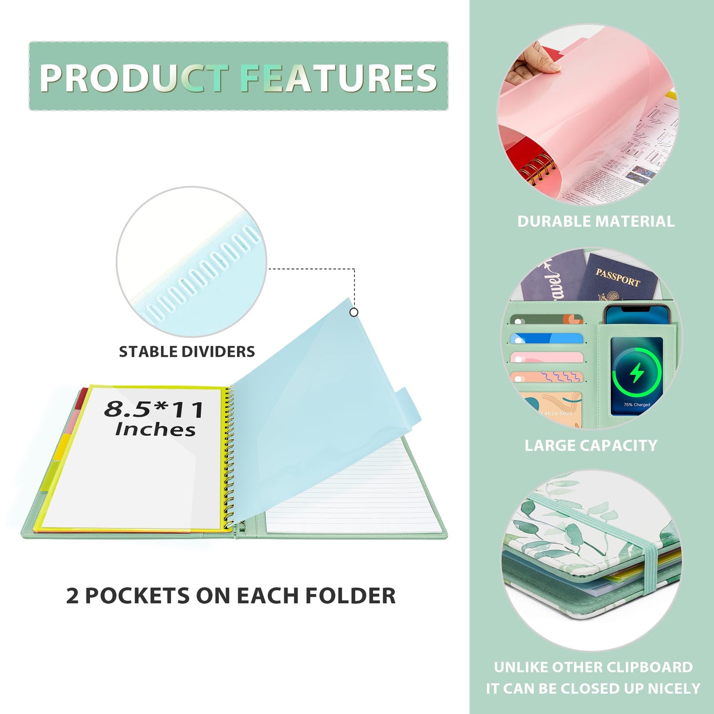 Ospelelf Clipboard with Storage, Leather Padfolio Portfolio Organizer 5 Folders with 10 Pockets, Spiral Clipboard Folio with Notepad for Letter Size, Elastic Closure and Pen Loop Green Plants