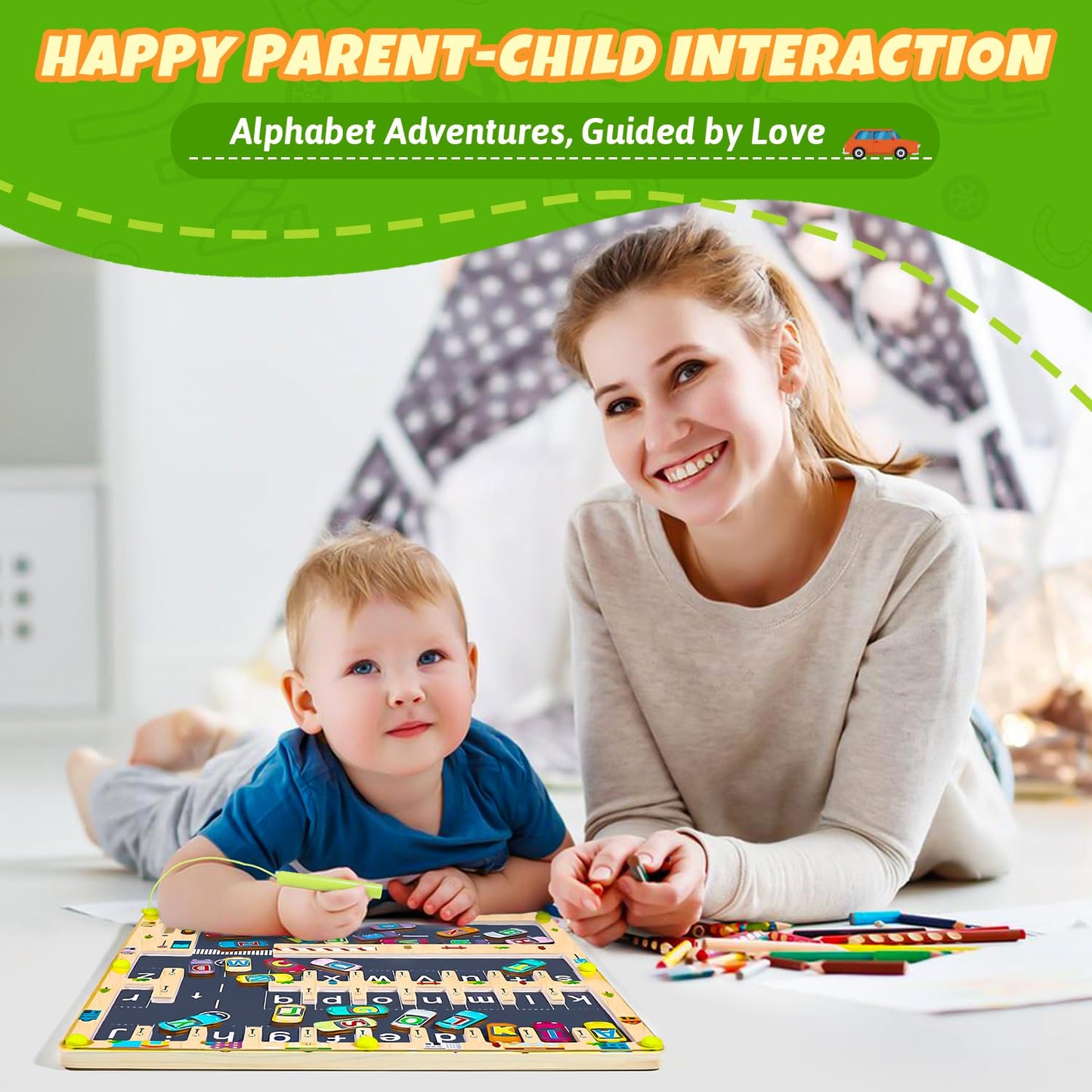 Magnetic Alphabet Maze Letter Puzzle Board, NOWRICH Montessori Toys for 2 3 4 5 Year Old Boy and Girl, Magnet Alphabet Learning Car Parking Maze Toys for Kids 3-5, Birthday Gifts for Toddler
