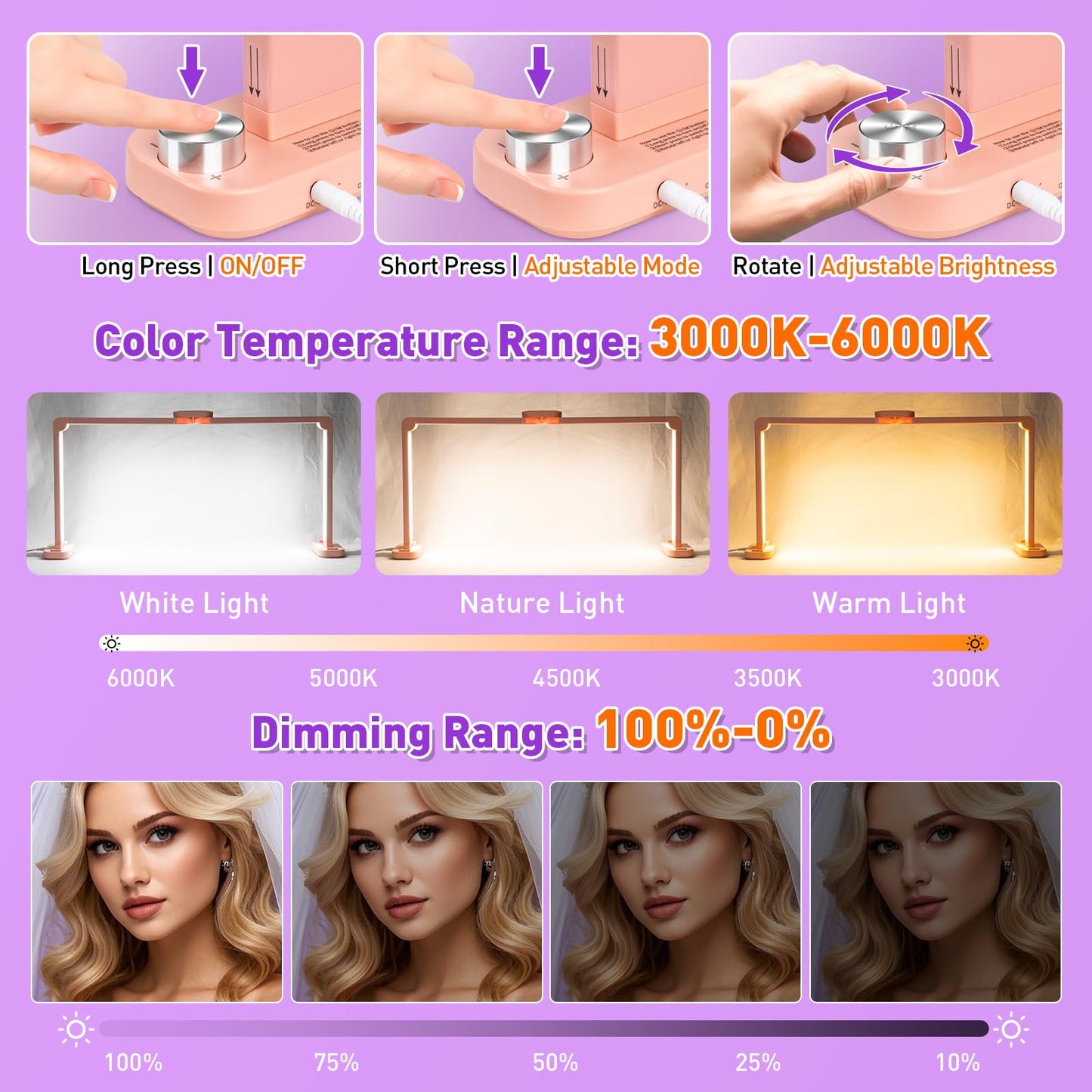 HITTI Nail Light Lamp, 34in Foldable with Phone Holder, Dimmable, Pink, Super Large, Model ZJD-Pink