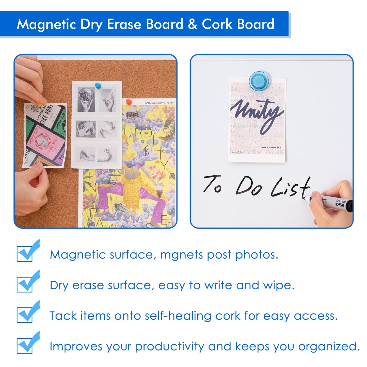 Magnetic White Board and Cork Board Combo, 24 X 18 inches Whiteboard Bulletin Combination Board, Wall Mounted Dry Erase Message Board for Home, School and Office