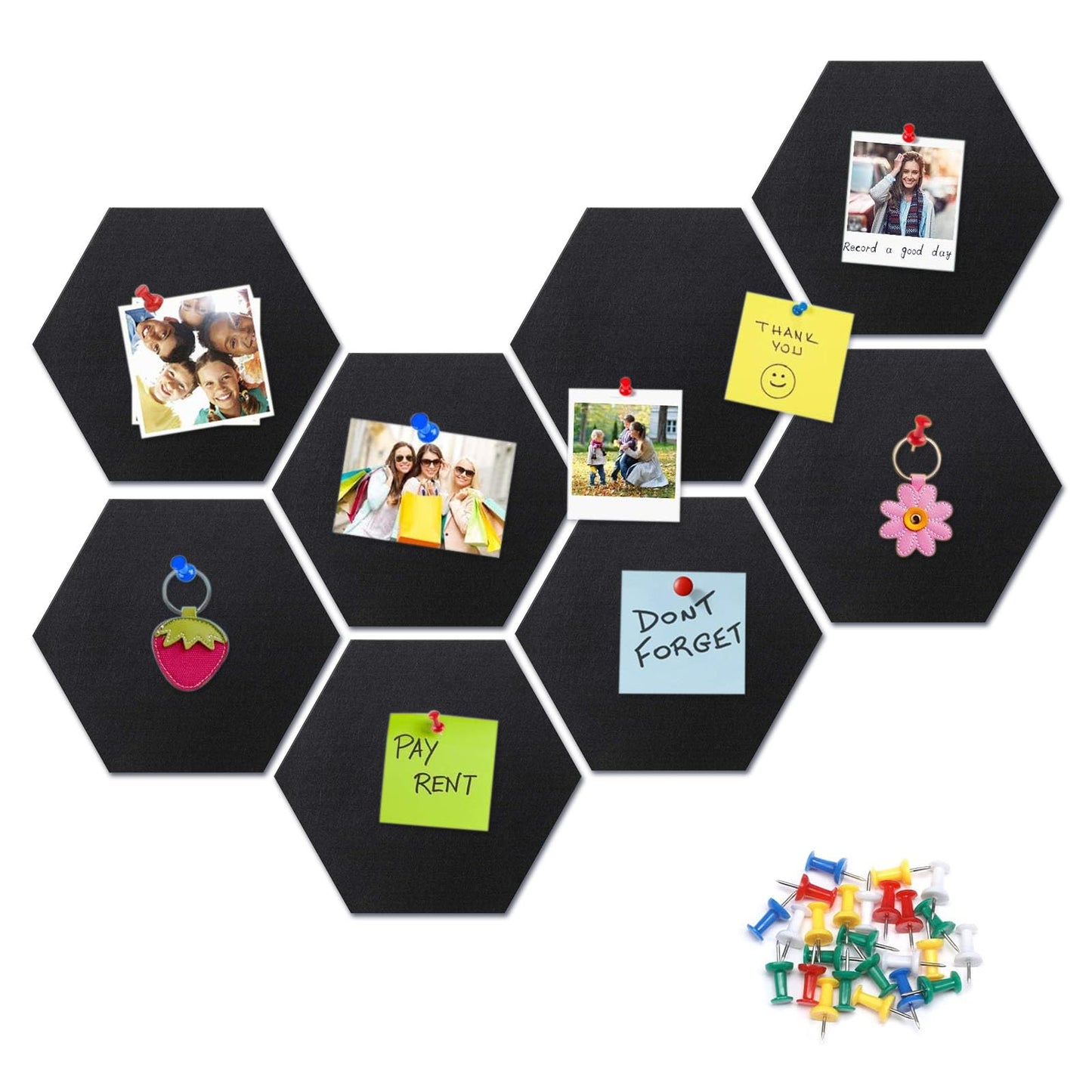 8 Packs Black Hexagon Felt Pin Board, 12" Bulletin Board with 30 Push Pins, Felt Board for Home Kitchen Office Decor, Self-Adhesive Corkboard Tiles for Walls Classroom Message Photos Memos Display