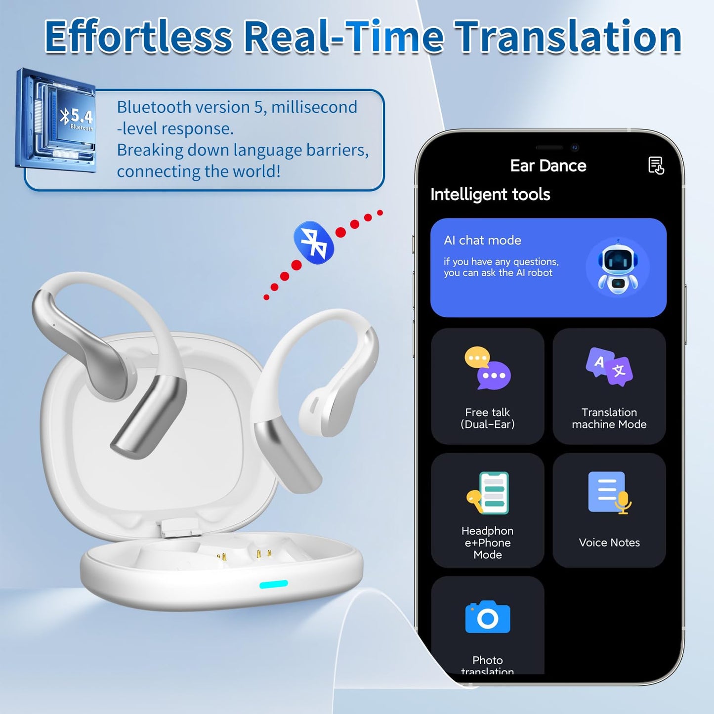 AI Translation Earbuds Real Time, 144 Languages Translator Earbuds, Bluetooth Open-Ear Translating Earbuds with 30H Playtime, Instant Voice Translator Device for Travel, Business, Learning, White
