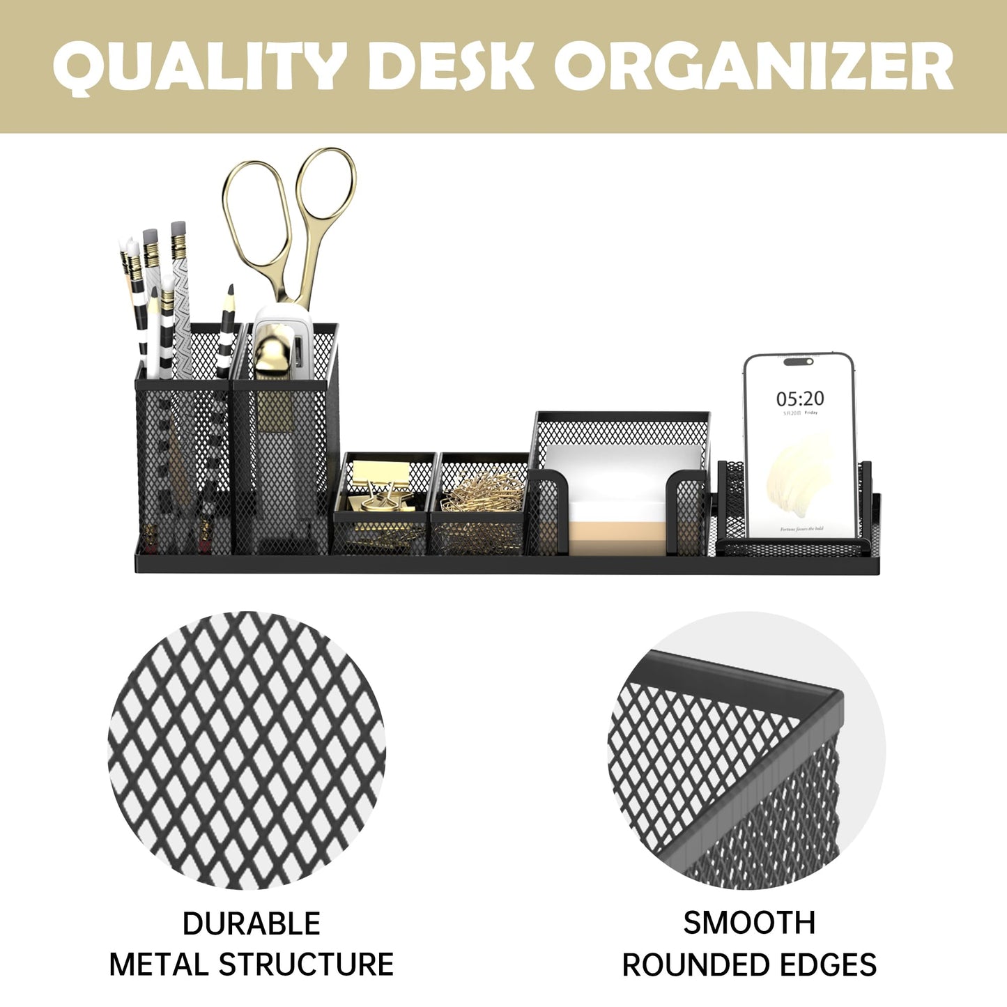 SUPEASY Pen Holder for Desk, 6 Piece Mesh Desk Organizer Set for Office Organization with Phone Holder, Sticky Notes Caddy Storage for Classroom, School (Black)