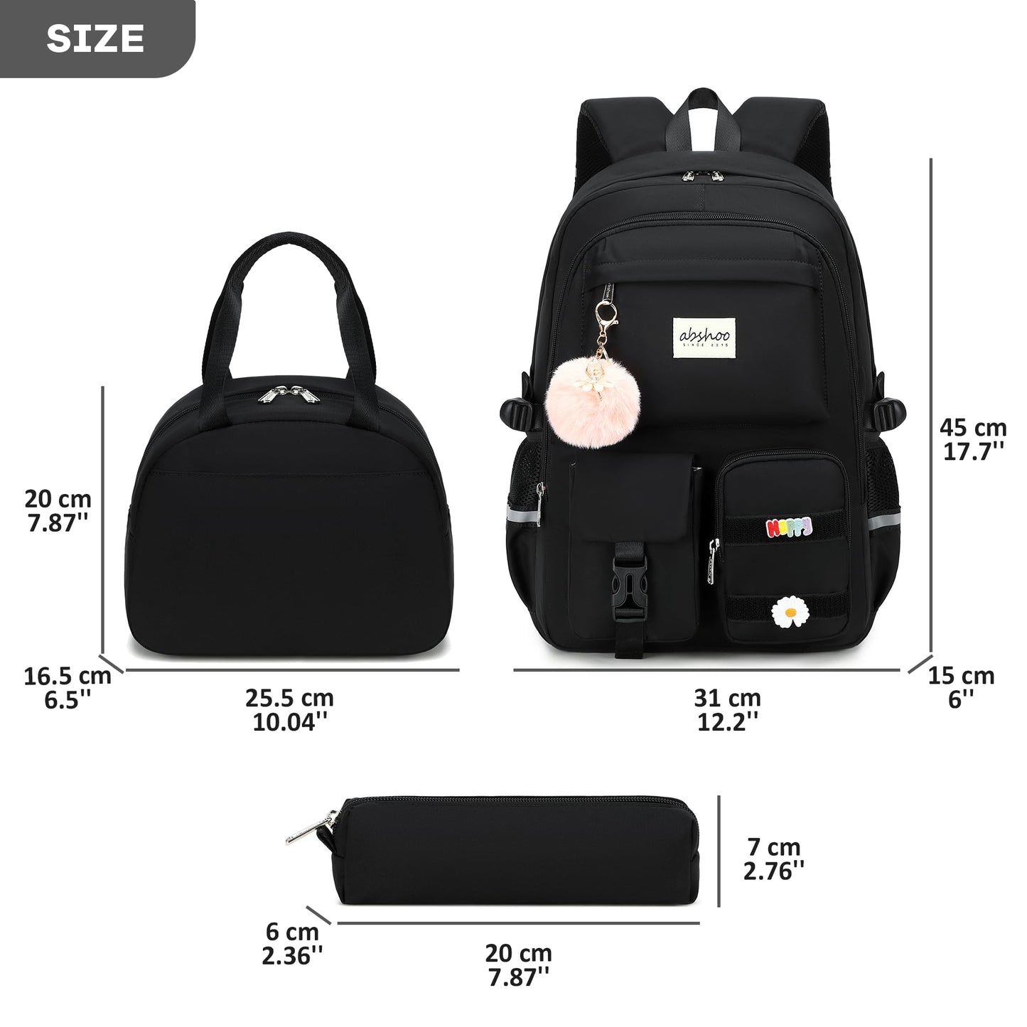 abshoo School Backpack for Girls Bookbag with Lunch Bag Teen Girls School Bag Travel Daypack (Black)