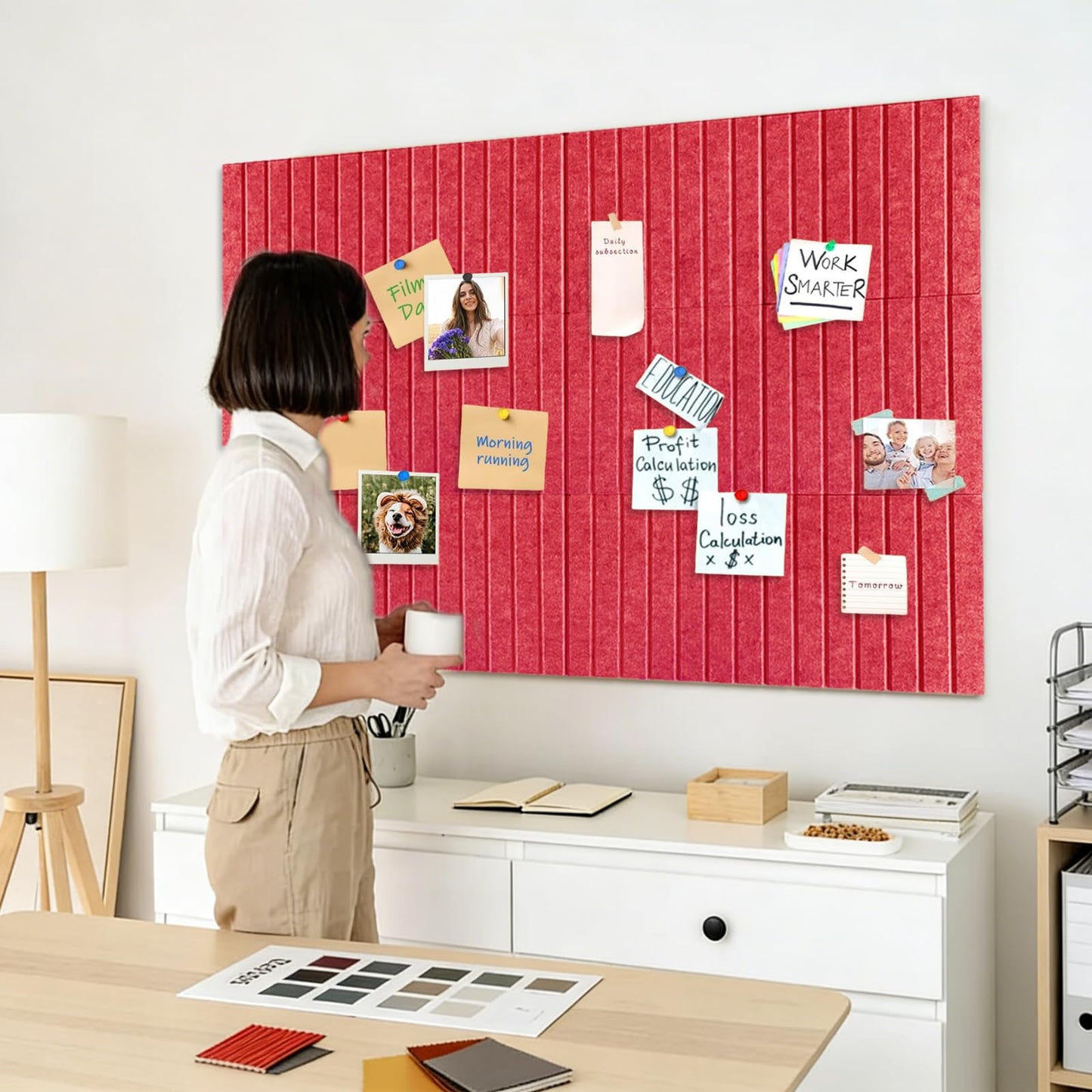 15 Pack Felt Bulletin Board, 35" x 59" Large Red Pinboard with 30 Push Pins, Felt Pin Board, Self-Adhesive Cork Board Tiles for Home, Office Walls, School Classroom Message Photos Display