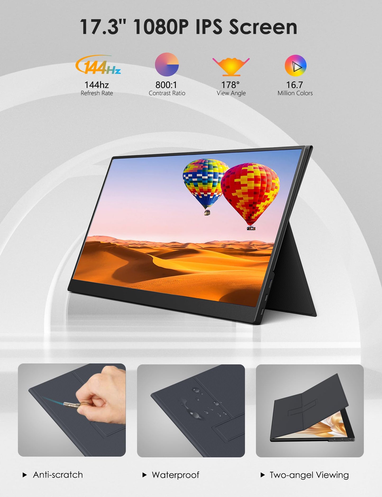 Anyuse 17.3" Portable Monitor, 1080P FHD, 144Hz, IPS HDR Screen, Travel Monitor for PC Mac Phone Xbox PS5 Switch Laptop, Smart Cover & Speakers