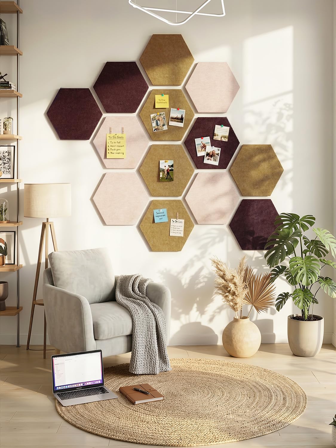 Uoisaiko 8 Pack Hexagon Felt Bulletin Board Tiles - 12" Large Thick Pin Board for Walls with 30 Push Pins, DIY Boards for Office Home School Decor, Aesthetic Hex Cork Board Alternative