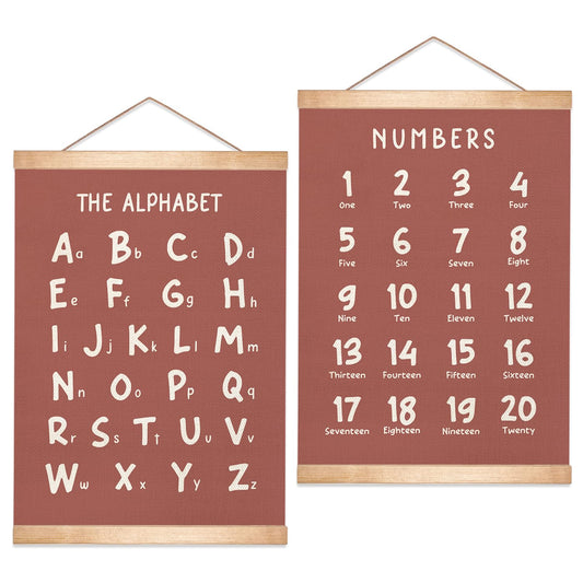 Alphabet and Numbers Educational Chart Set of 2 for Classroom Decor,Colorful Educational Poster for Toddlers 1-3,Toddler Learning Poster for Ages 3-5 for Nursery Playroom,Classroom Must Haves 14x18.5Inch(Brown)