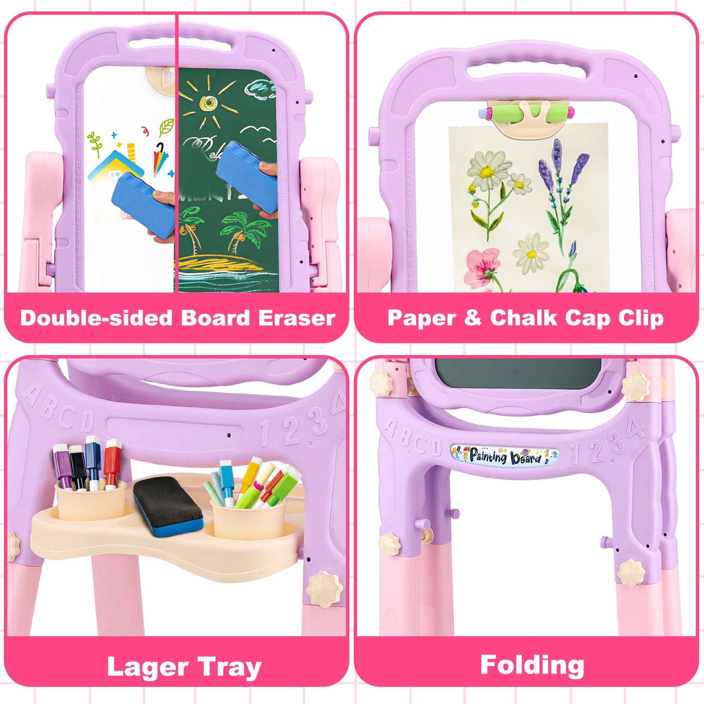 Kids Double Sided Art Easel for Toddlers Magnetic White Board Chalk Board with Painting Accessories Adjustable Stand Drawing Educational Learning Toys - Age 3 4 5 Year Old Girl Birthday Gifts Pink