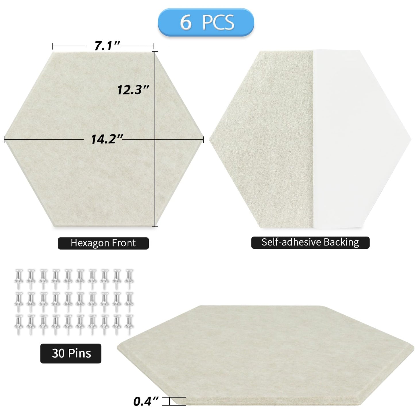 BXI Large Hexagon Felt Bulletin Board - 14.2 X 12.3 X 0.4 Inches 6 Pcs Self-Adhesive Poster Cork Board 30 Push Pins, Pin Tiles Display Vision Board, Photo Picture Panels for Home Office Classroom