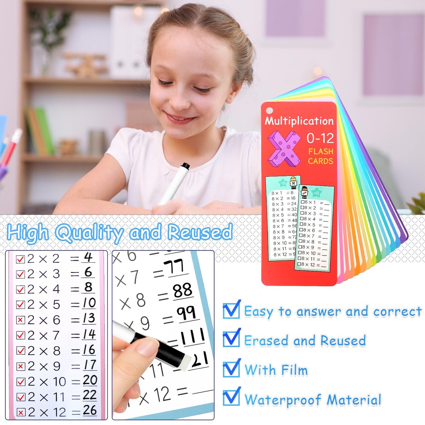 Aojmooke 1-12 Addition Flash Cards, Large Math Times Table Flashcards Chart, with 15 Cards, 2 Dry Erase Markers, 1 Rings, Educational Addition Learning for Classroom Home