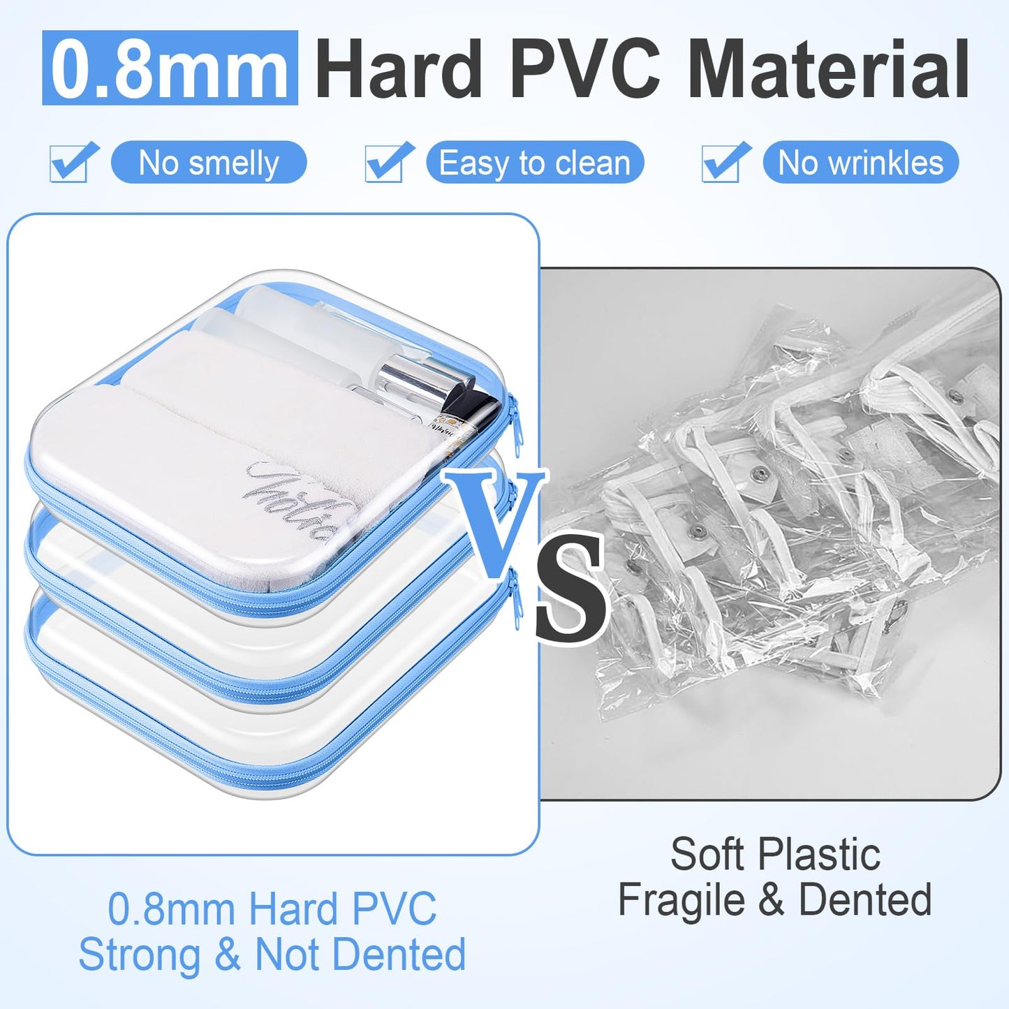 Hoolerry 3 Pcs Clear Hard Zipper Case Hard Plastic Zipper Pouch Makeup Bag Portable Travel Organizer for Cosmetics, Office Supplies, Documents & Toiletries(Blue,M)