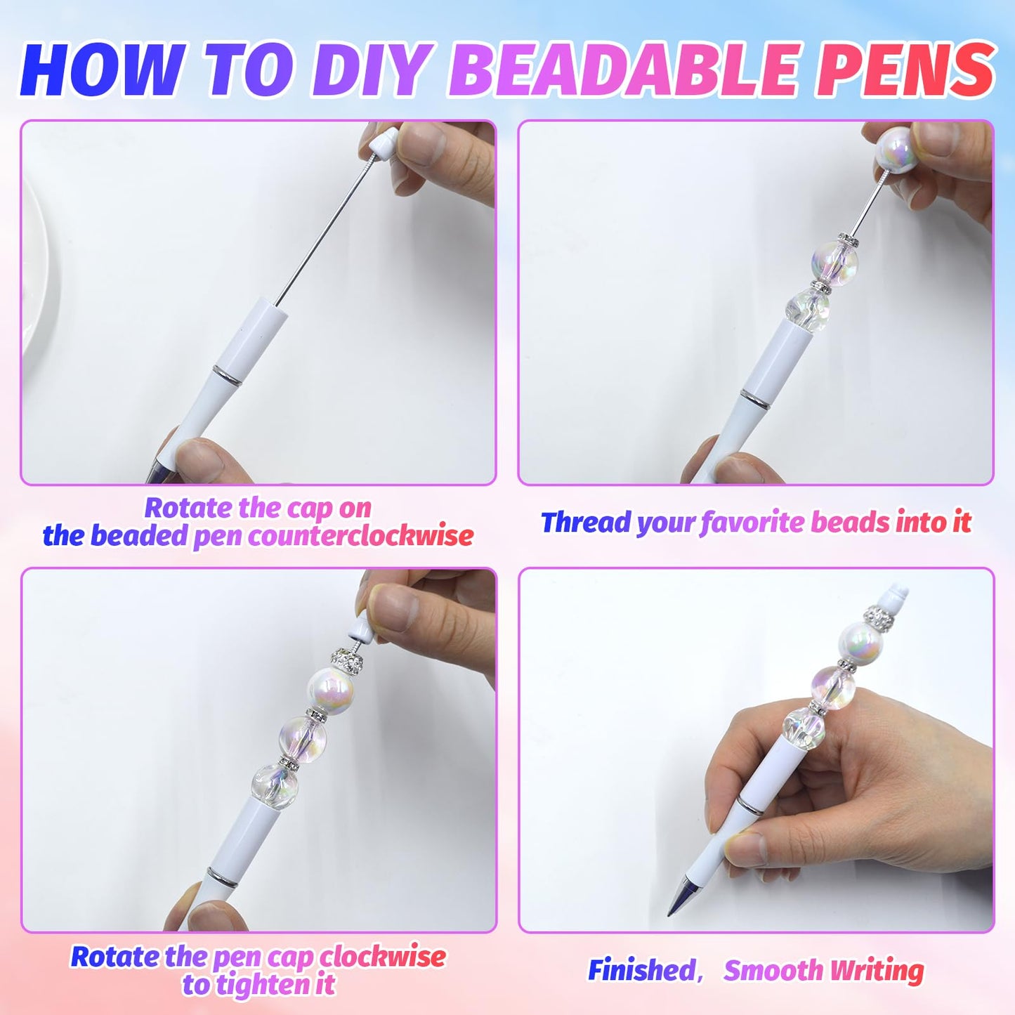 DASTTUIS 150 Pieces DIY Beadable Pen Kit – 50 Plastic Ballpoint Pens with Refills & Bags – School Supplies, Office Accessories & Decorative Items for Students & Teachers （White）