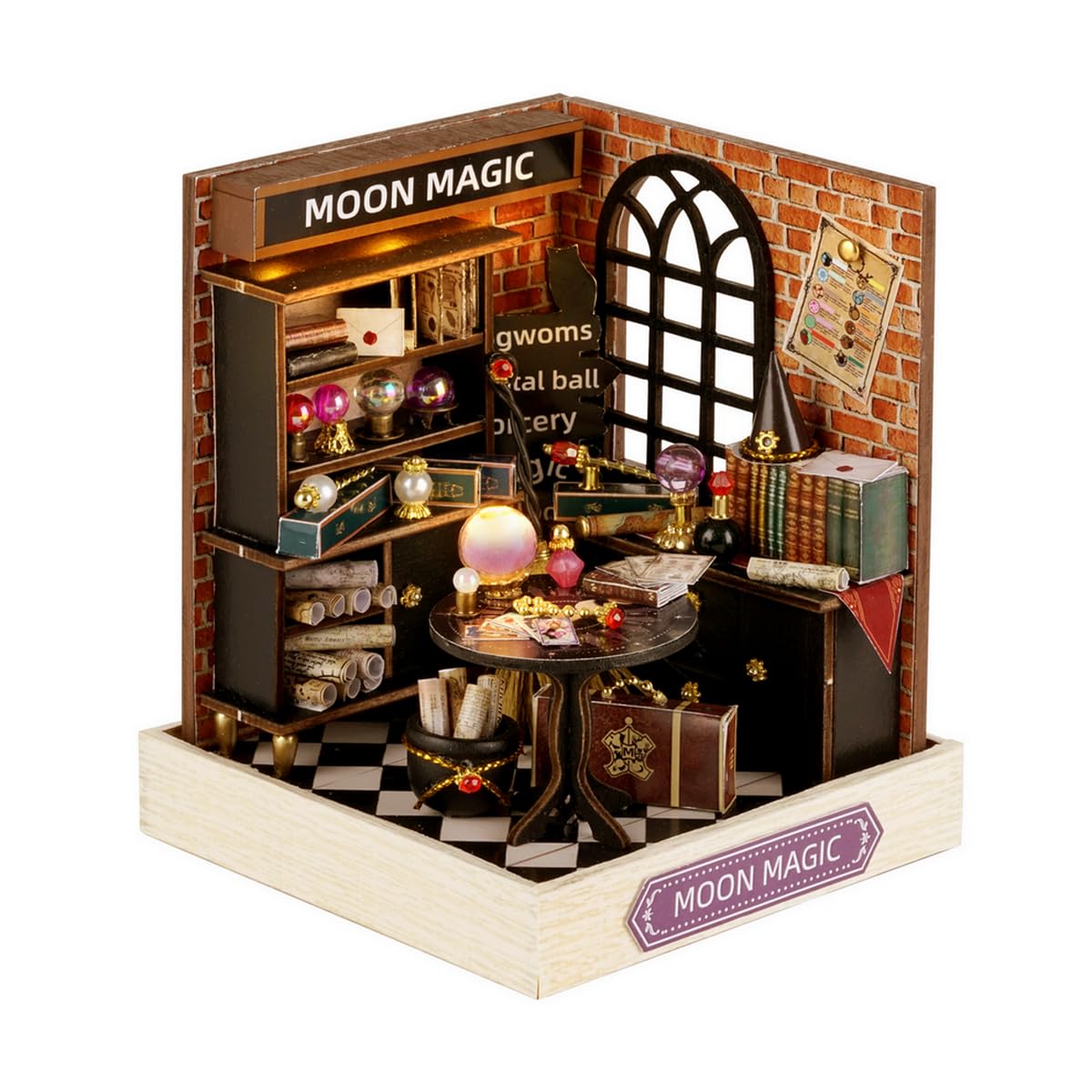 Miniature House Kit, CUTEROOM Tiny House Kit Wooden Dollhouse Kit Mini House Making Kit with Dust Cover, DIY Dollhouse Kit Birthday Gift (Moon Magic)