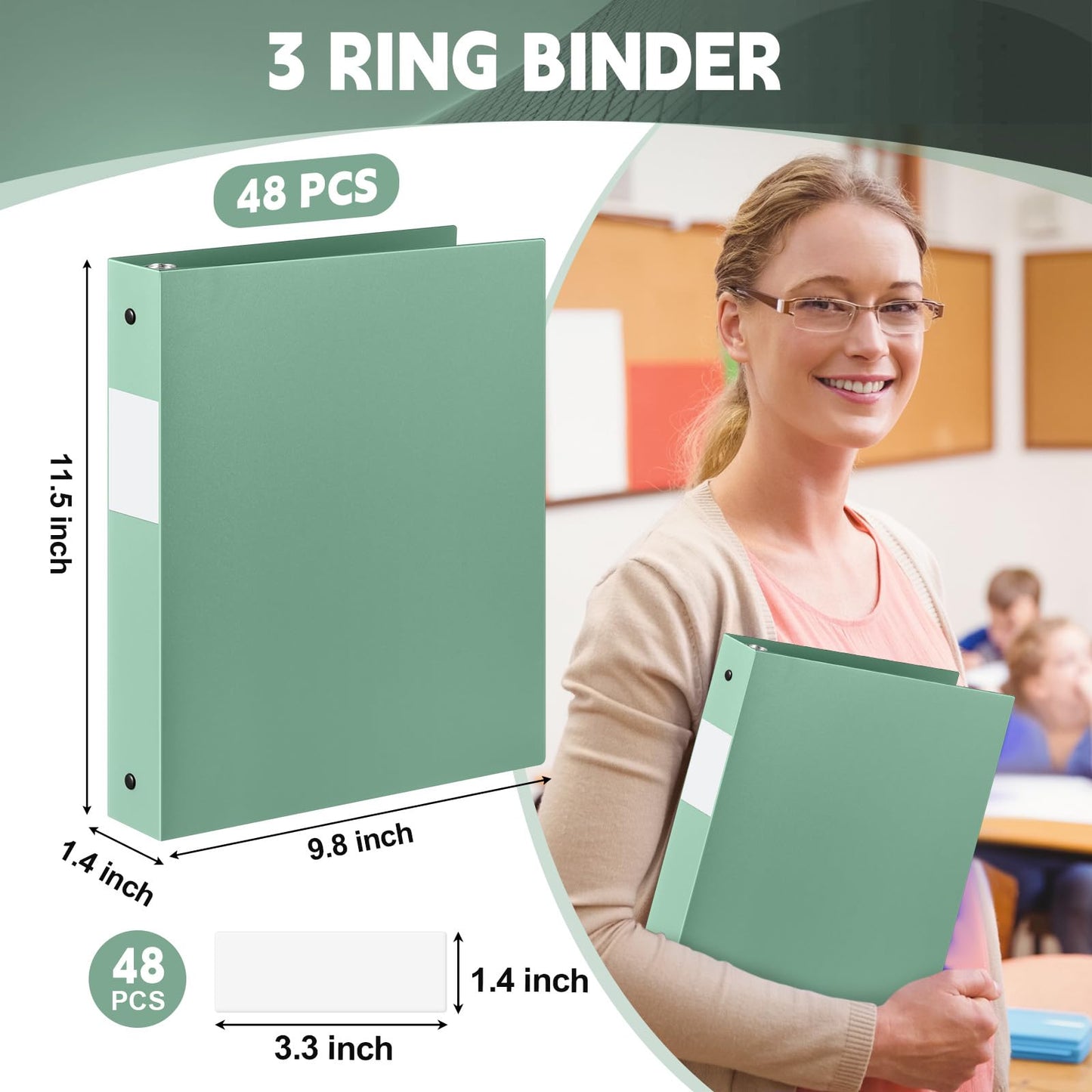 Henoyso 48 Pack 1 Inch 3 Ring Plastic Binders, Bulk Flexible PP Binders for Classroom & School Supplies, Letter Size 8.5 x 11, Holds 240 Sheets with Interior Pocket (Sage Green)