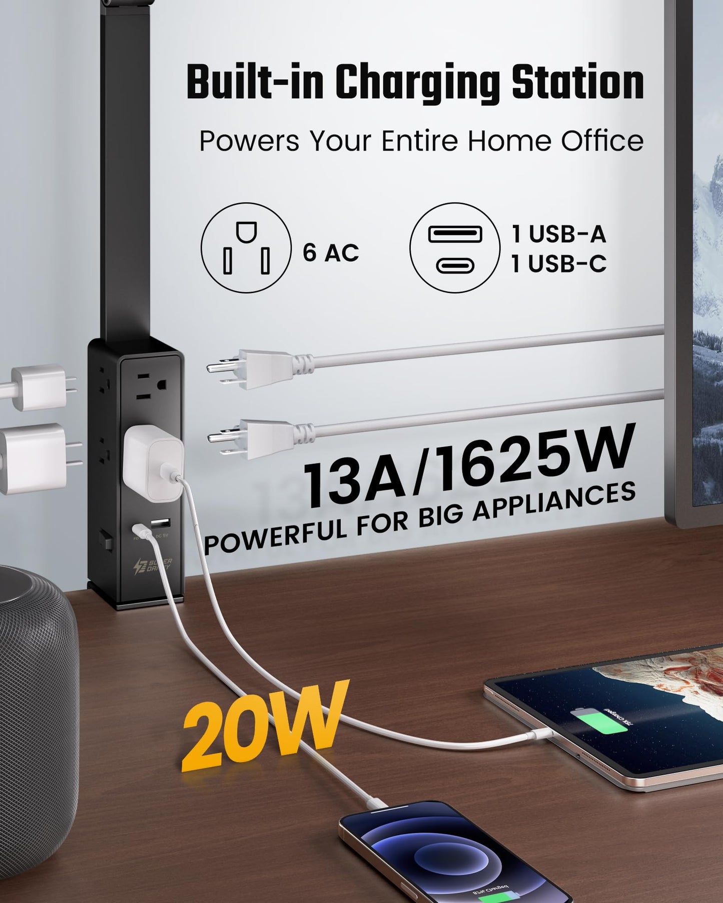 SUPERDANNY LED Desk Lamp with Power Strip, 6 Outlets, USB & Type-C, Large, Black, Model SDDL02