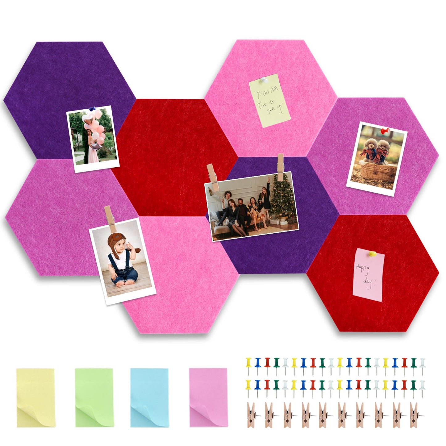 Vuzvuv 8 Pcs Hexagon Bulletin Board with 50 Pushpins & 10 Wooden Clip Pins Adhesive Cork Board for Wall，Felt Pin Board for School，Office Decor（Deep Purple）