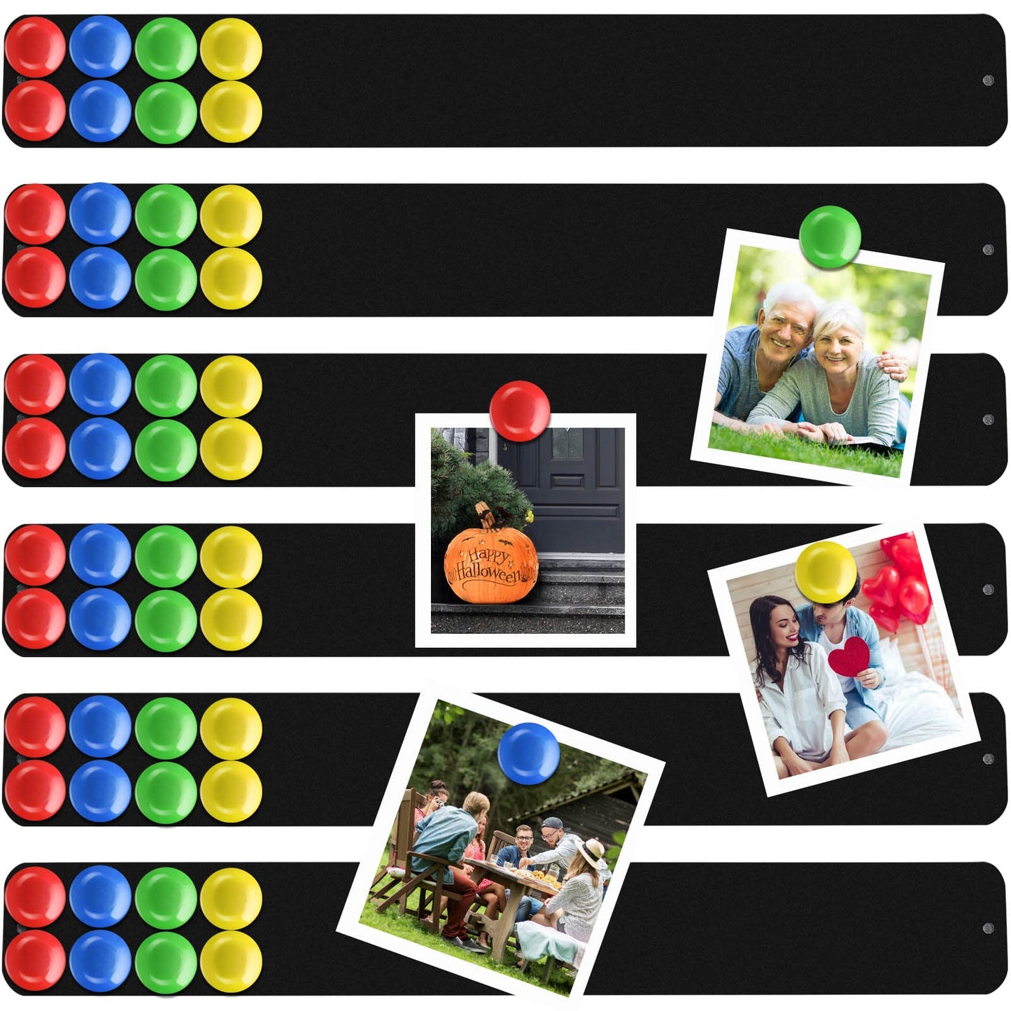 Outus 6 Pcs 15" x 2" Magnetic Wall Strips, Magnetic Bulletin Board Strip Set with 48 Pcs Colorful Magnets, Metal Display Board for Office Home Notes Photos(Black)
