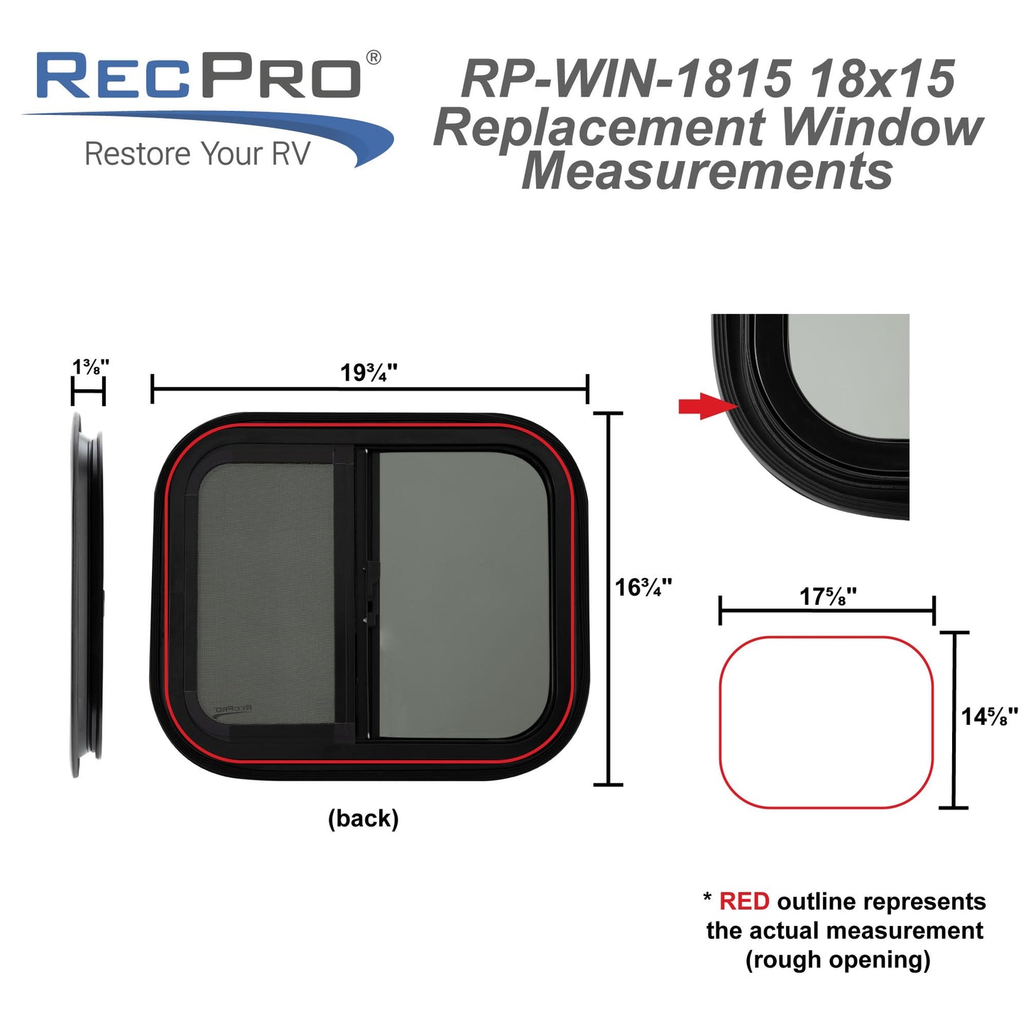 RecPro RV Window Replacement - Teardrop Style, Horizontal Sliding, 18inW x 15inH, Black, Model RP-WIN, Made in USA
