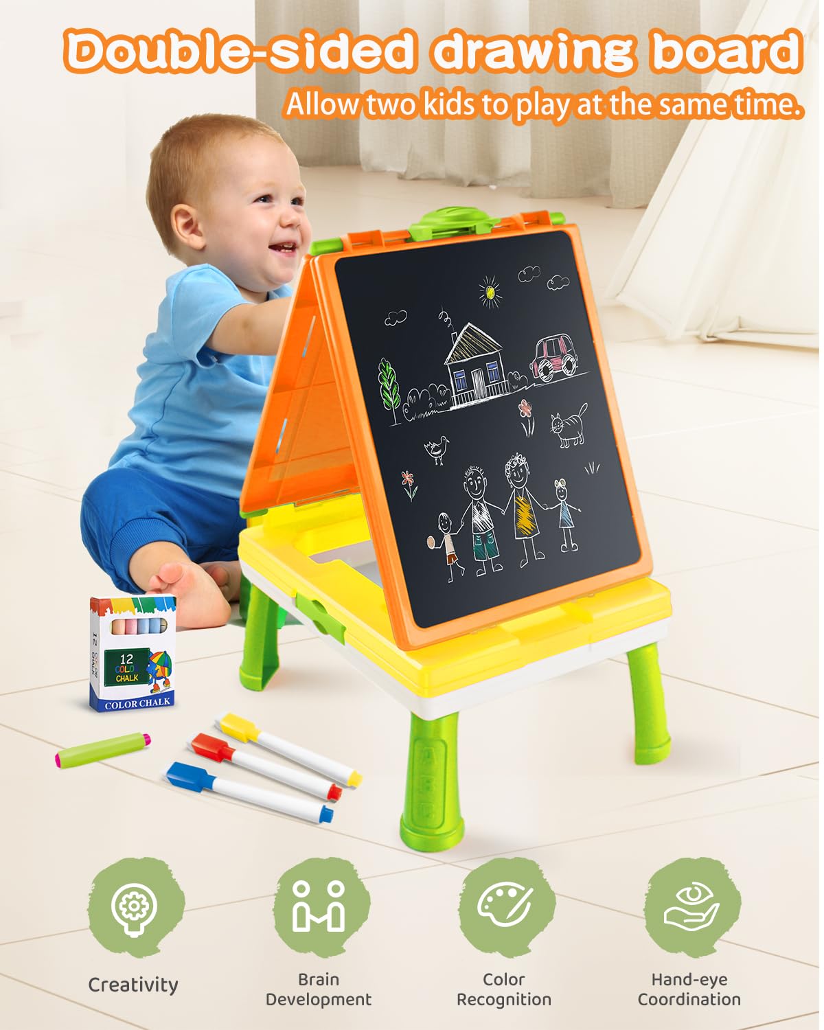 Elovien Easel for Kids, 4 in 1 Double Sided Toddler Art Easel with Chalkboard & Magnetic Whiteboard, Foldable Tabletop Easel with Drawing & Writing Accessories - Educational Gift for Boy Girl (Orange)