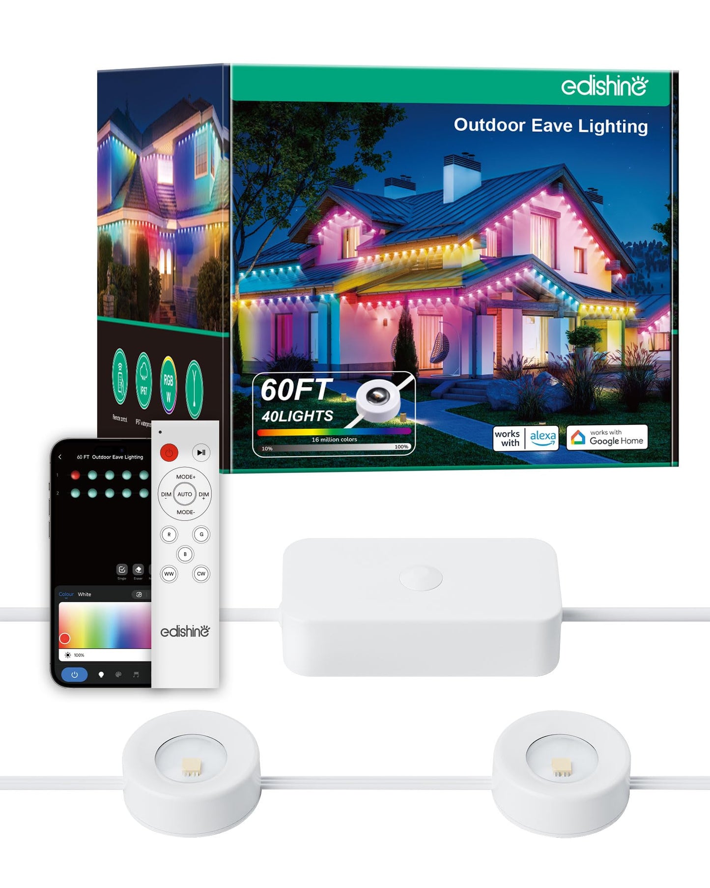 EDISHINE 60ft Outdoor Eave Lights, 40 LED RGBW+Warm/Cool White, Model OL06, Smart Control, IP67, 50 Scene Modes
