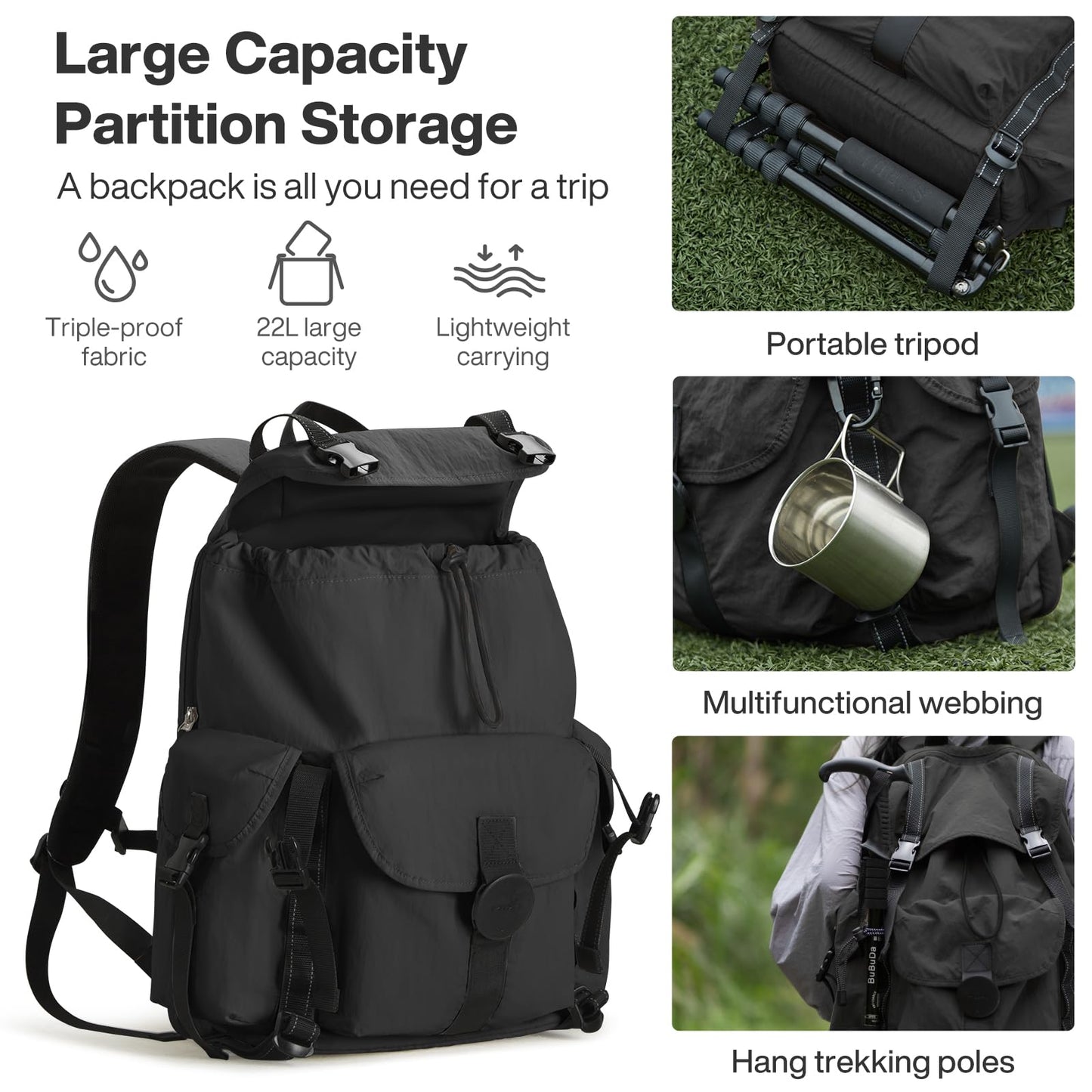 mixi Travel Backpack for Women Men, 18 Inch Carry On Laptop Backpack Flight Approved fits 16'' Laptop, Lightweight Waterproof Hiking Backpack Travel Outdoor Business Casual Daypack, Black