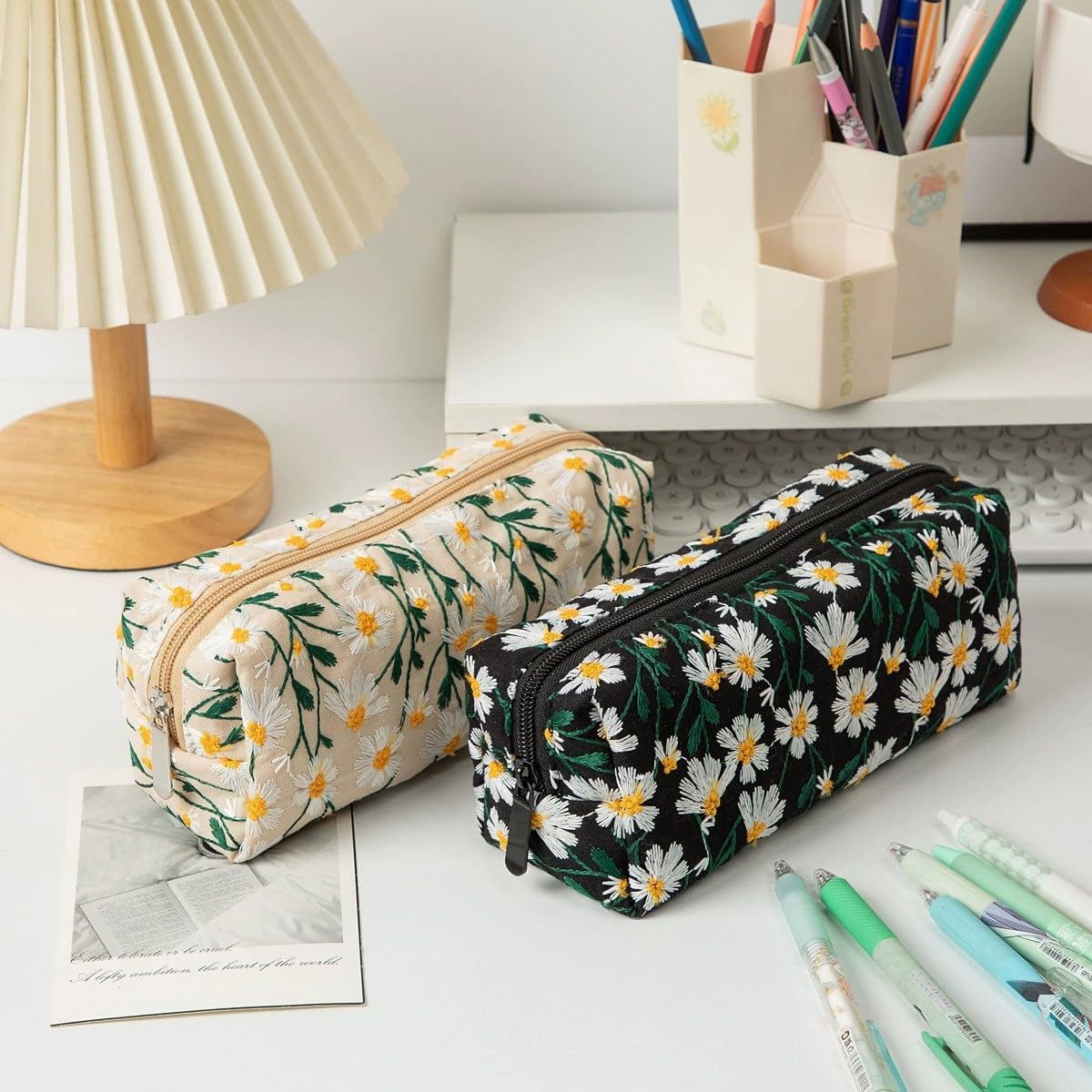 OZAOZ Cute Pencil Case Aesthetic Student Pencil Pouch Coin Pen Pouch Cosmetic Bag Office Stationery Organizer For Kids Teen School (Flowers-L)