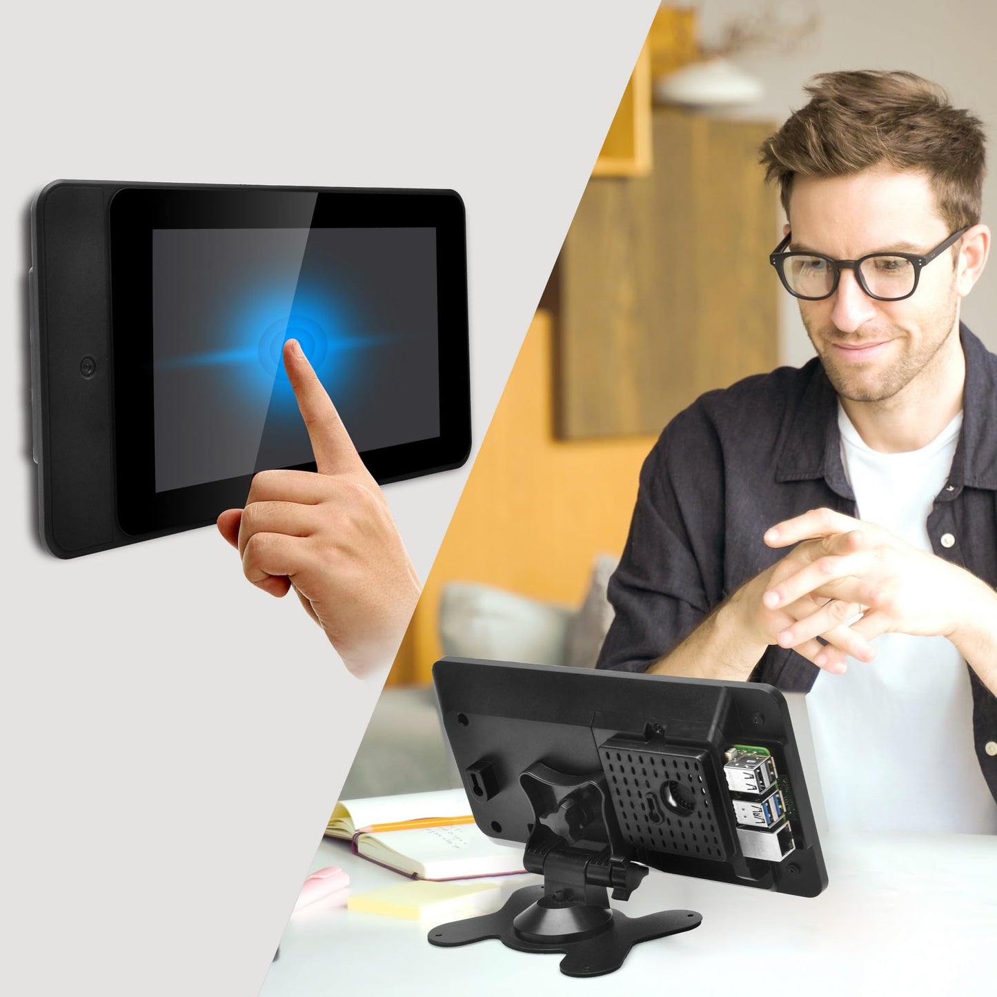 OSOYOO PiStudio Case Designed for Raspberry Pi Official 7" DSI Touchscreen (1st Gen 800x480) & OSOYOO 7" IPS 800×480 DSI Screen – Wall and Desk Mount Stand for Pi 5/4/3 – Friendly Durable Workstation