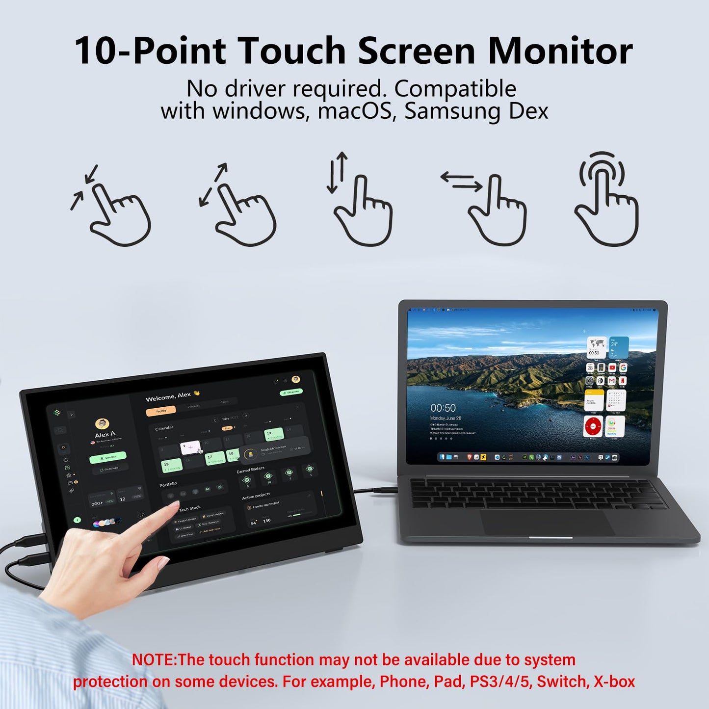 InnoView 15.6" Portable Monitor 60Hz Touchscreen 1080P 10-Point Touch Screen Monitor Portable with Protective Sleeve Built-in Stand, 1200:1 HDMI USB C Travel Monitors for Laptop, PC, Phone