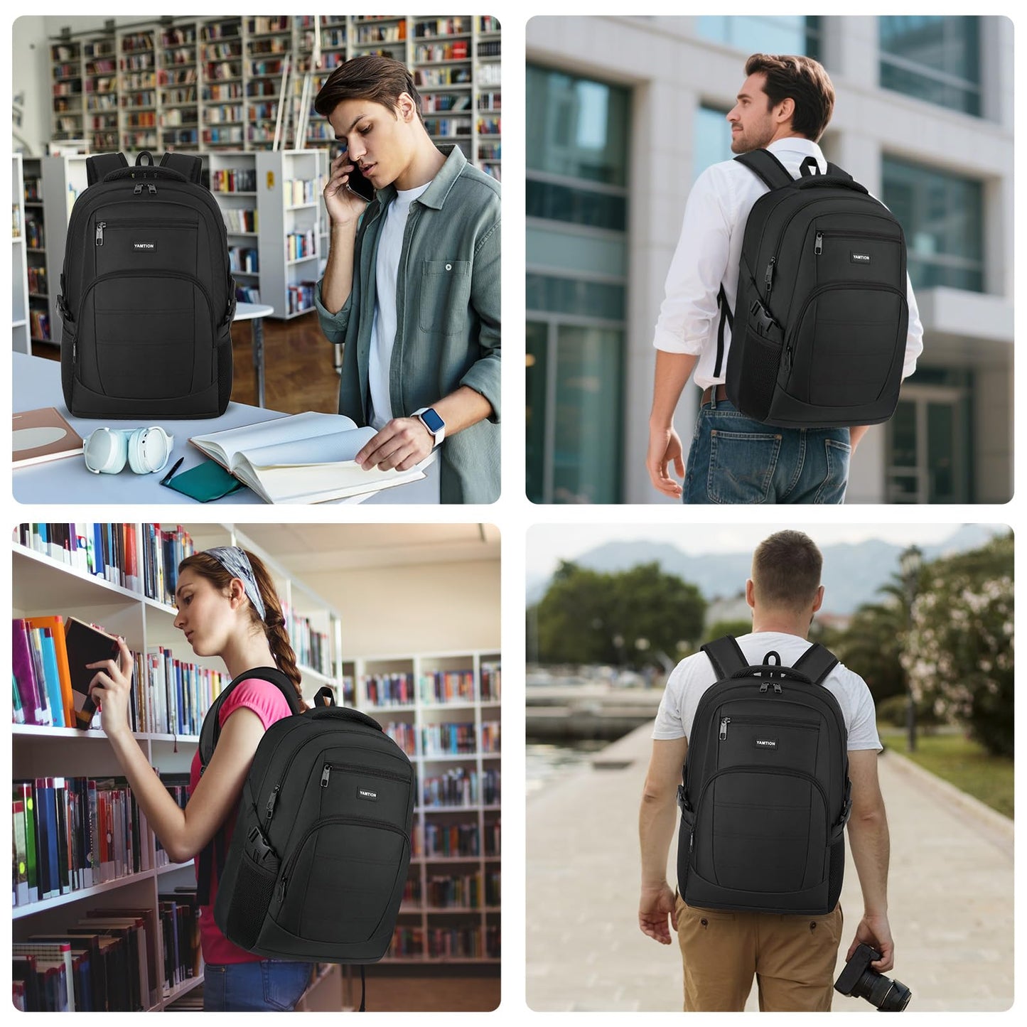 YAMTION Black Backpack for Men and Women, Laptop Backpack, School Backpack for Boys and Girls, Lightweight Bookbag, Work Backpack Fits 15.6 Inch Notebook