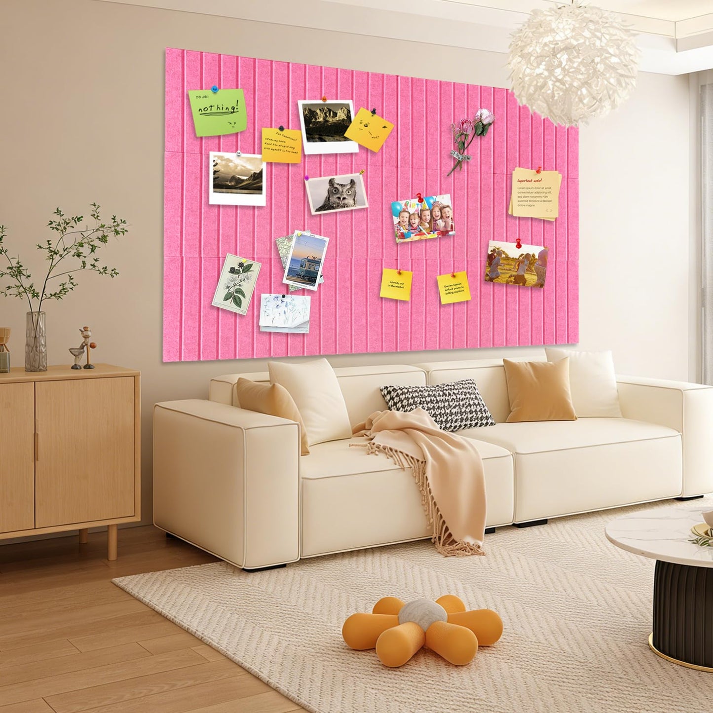 15 Pack Felt Bulletin Board, 35" x 59" Large Pink Pinboard with 30 Push Pins, Felt Pin Board, Self-Adhesive Cork Board Tiles for Home, Office Walls, School Classroom Message Photos Display
