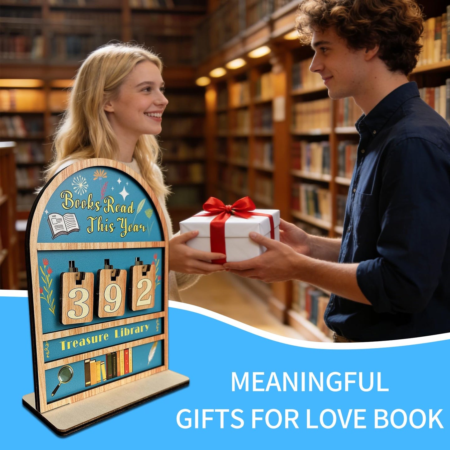 Reading Tracker Counter Sign, Wooden Books Read This Year Display, Book Lover Gift for Librarian, Reader, Teacher, Women, Wall and Table Decor for Home Library, Teachers, Book Lovers（light blue）