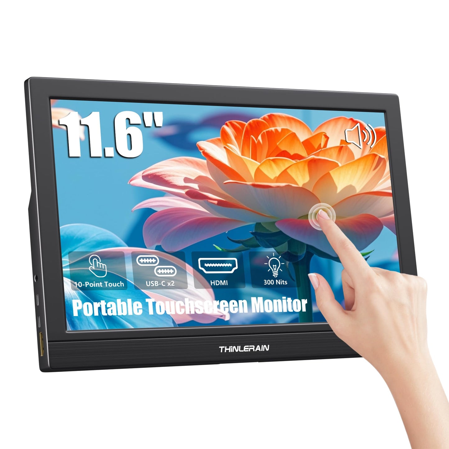Thinlerain 11.6 Inch Portable Monitor Touchscreen, 10-Point Touch Screen Monitor Travel Screen with Kickstand & Speaker, HDMI USB C External Display for Laptop, PC, Phone