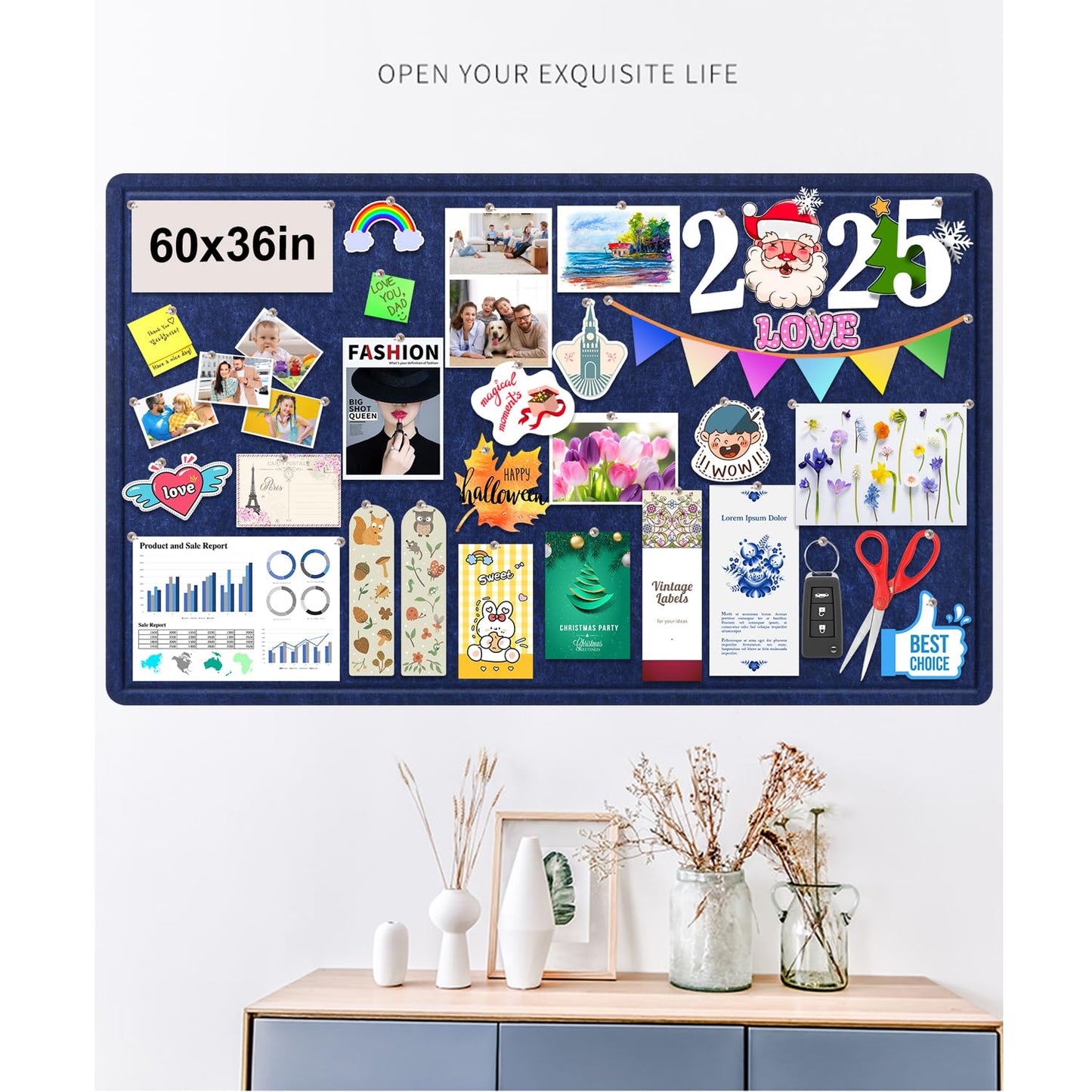 Large Bulletin Board, Foldable 60x36 Inches Cork Board Alternative, Large Felt Board Decorative Pin Board for Wall, Foldable Photo Board Self-Adhesive Vision Board with 36 Pushpins Dark Blue
