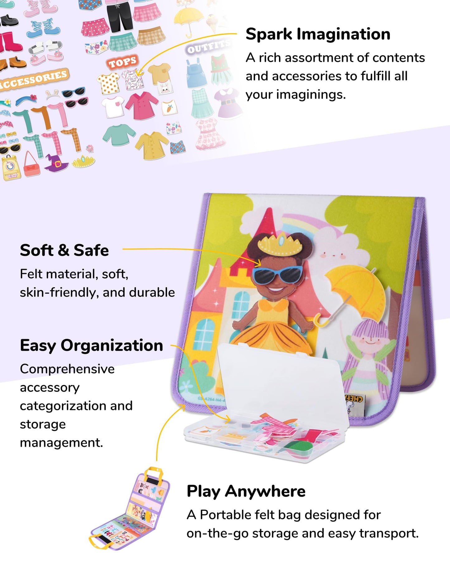CHEFAN Felt Dress-Up Dolls Set, Pretend Play Dress Up Game with Felt Board, Outfit and Accessory Pieces, Preschool Graduation Gift for Girls Age 3+