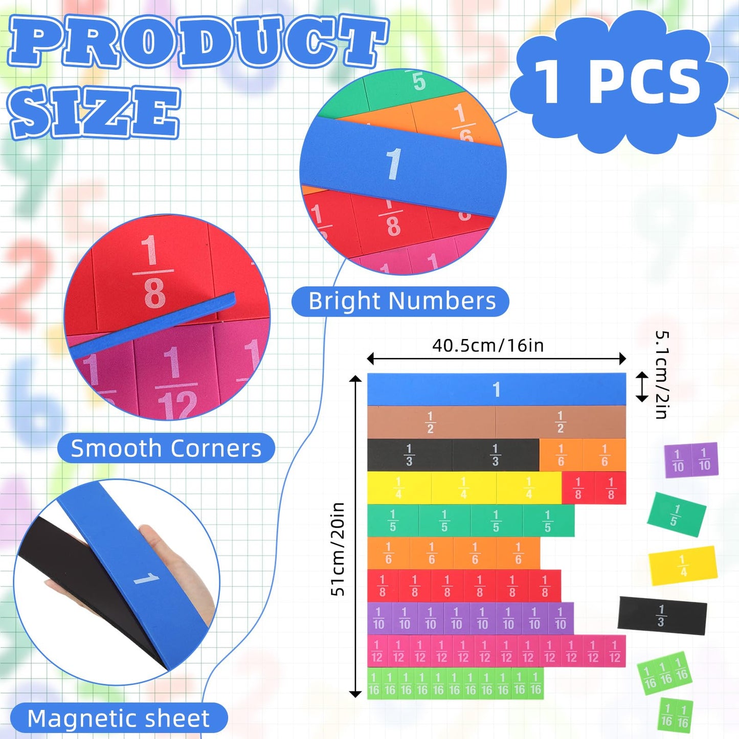 Sayglossy 1 Set Jumbo Magnetic Fraction Tiles Set for Rainbow Teacher Math Manipulatives for Learning Large Education Visuals Fraction Games Supplies 16 Inch Square