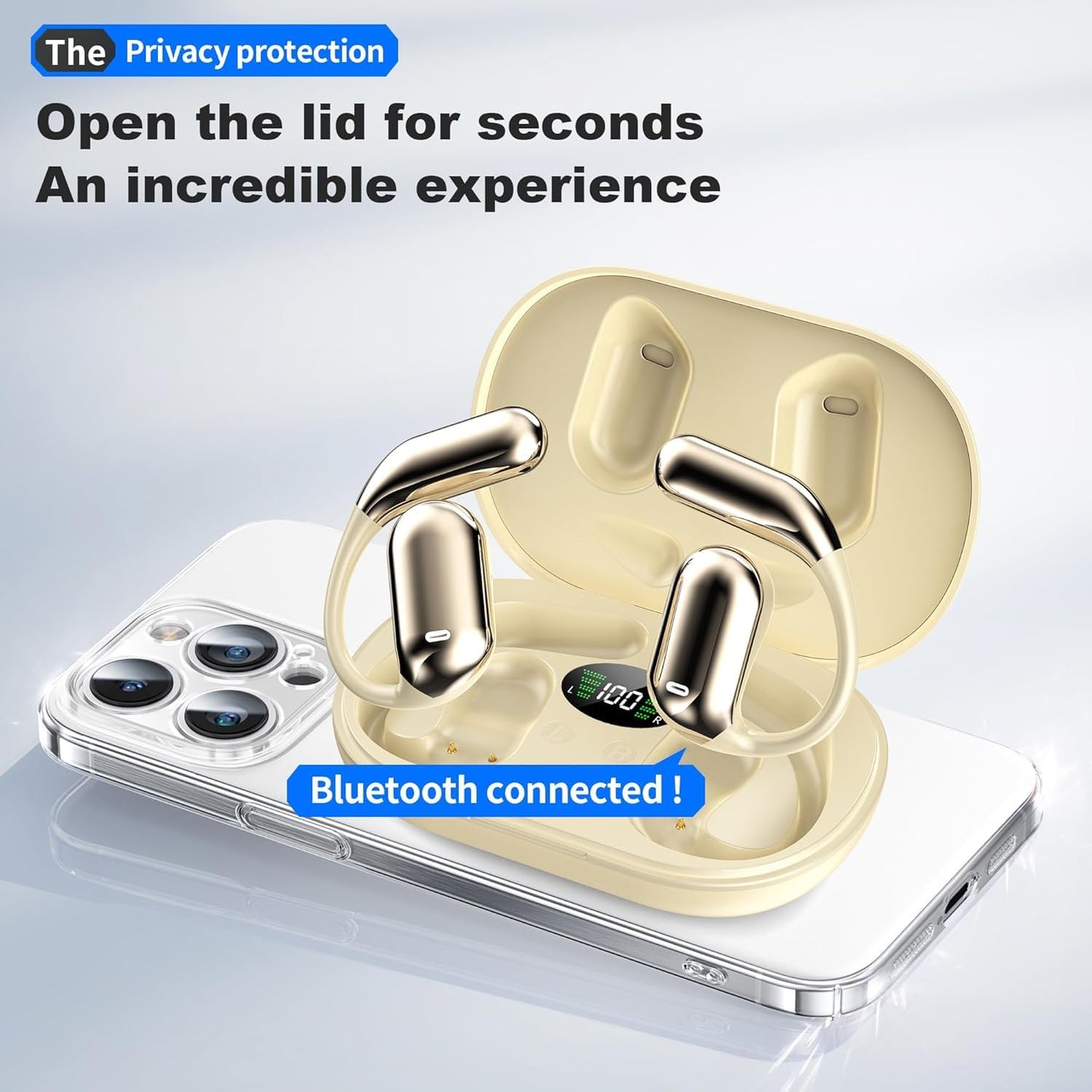 Real-Time AI Translation Earbuds, Open-Ear Audifonos Traductores Inglés Español Two-Way Translator Headphones, Bluetooth Wireless Earhooks for Business, Travel, Learning, Meetings (Light Beige)